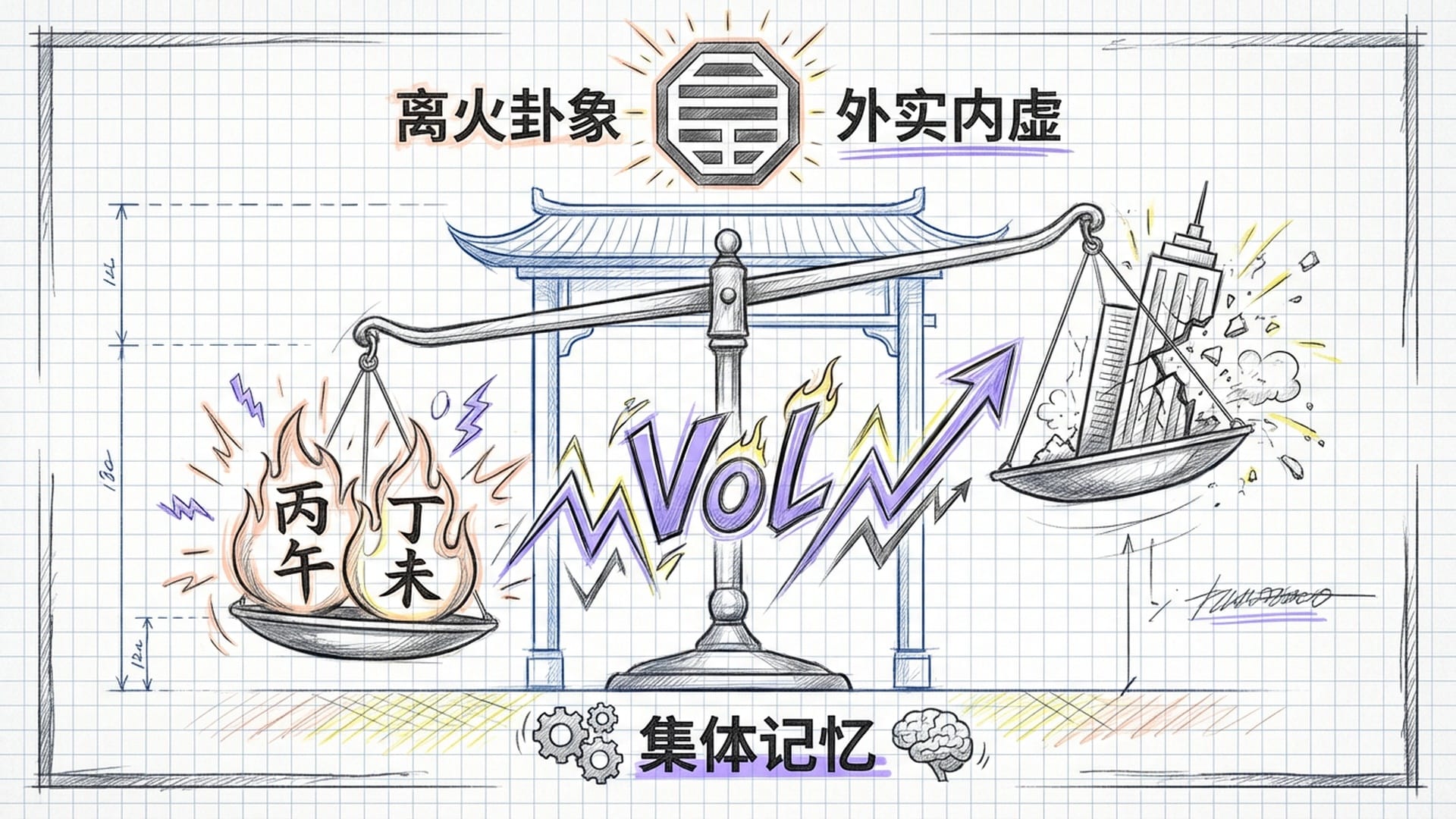 极简主义的中式设计，天平的一端是“丙午、丁未”火符，另一端是崩塌的金融大厦，象征极端失衡。