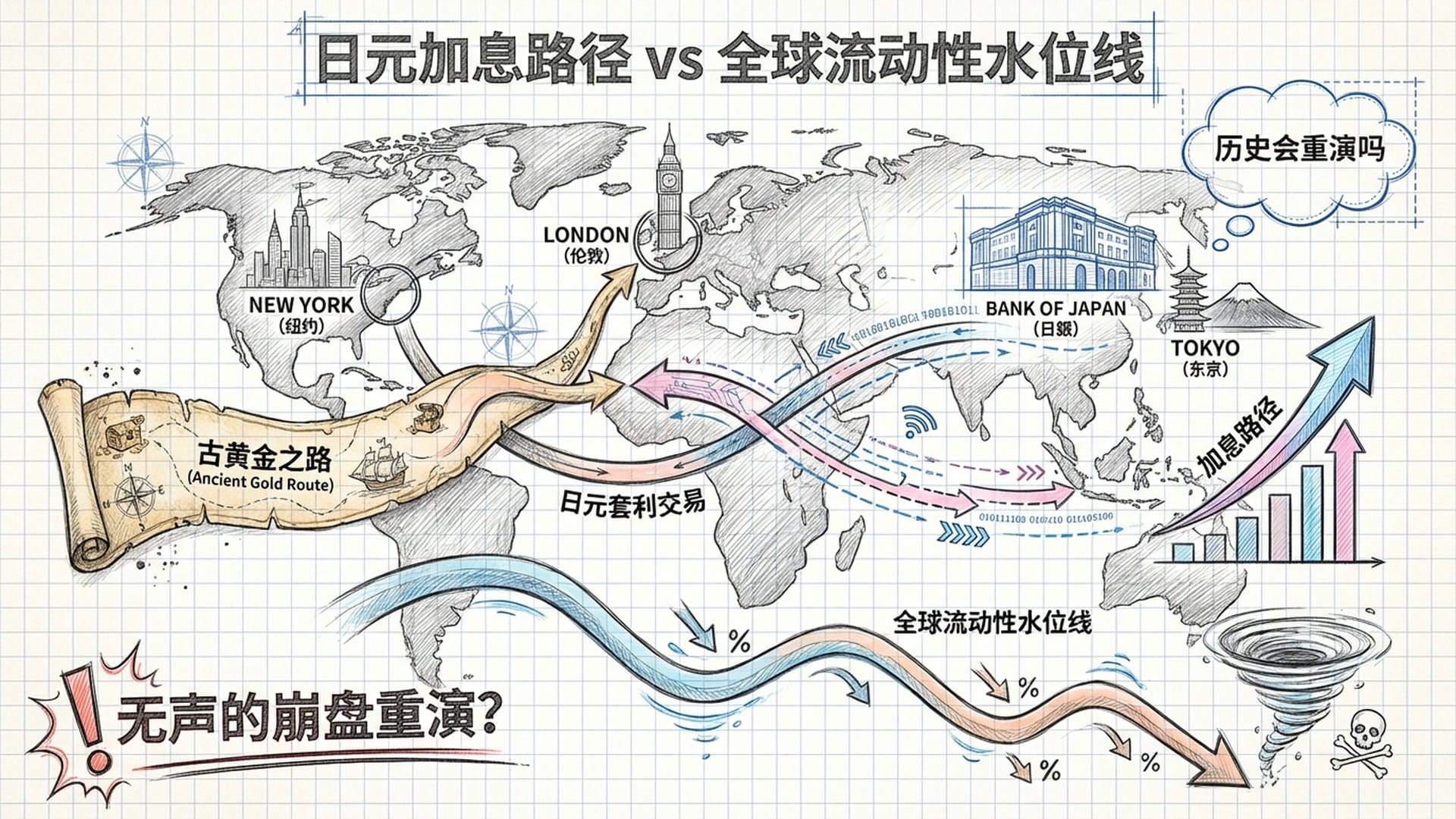 日本银行的宏观示意图，黄金从纽约流向伦敦的古老航线与现代日元利差交易的数字化路径重叠。