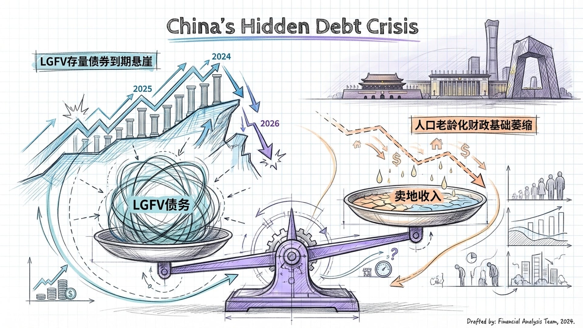 一架巨大的天平，左边是隐形的LGFV债务包，右边是枯竭的卖地收入水池，北京地标建筑在远方展现定力。