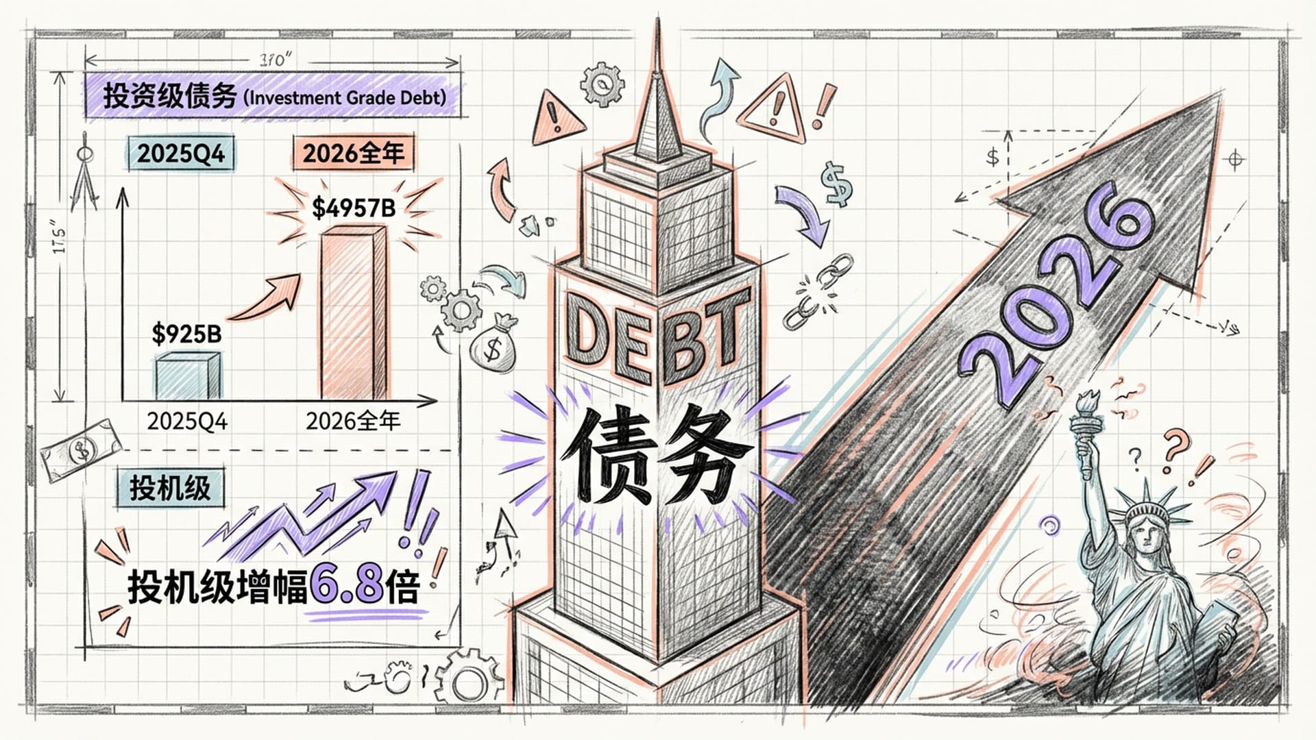一堵写满“Debt”的摩天大楼，巨大的阴影正扫过下方的自由女神像，阴影时间线标注为：2026。