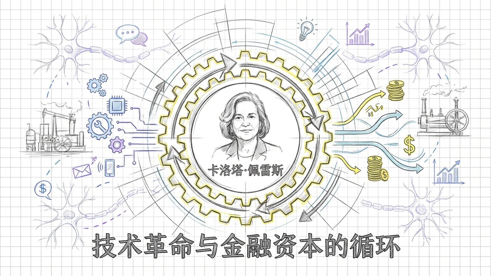 卡洛塔·佩雷斯的画像或书籍封面,背景是一个巨大的、不断旋转的齿轮循环,展示技术与资本的复杂关系。