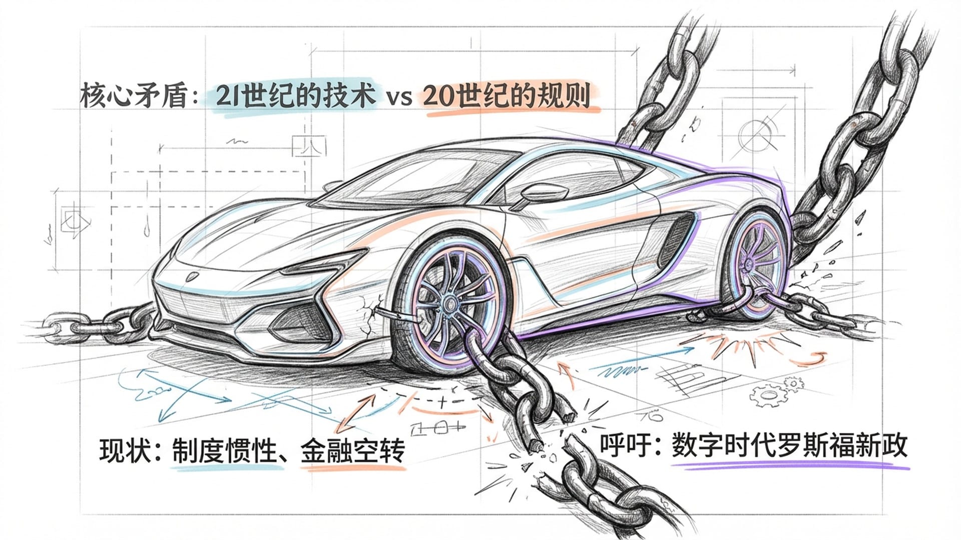 一辆外形极具未来感的超级跑车(AI/ICT),但车轮却被旧时代的锚链死死锁住。
