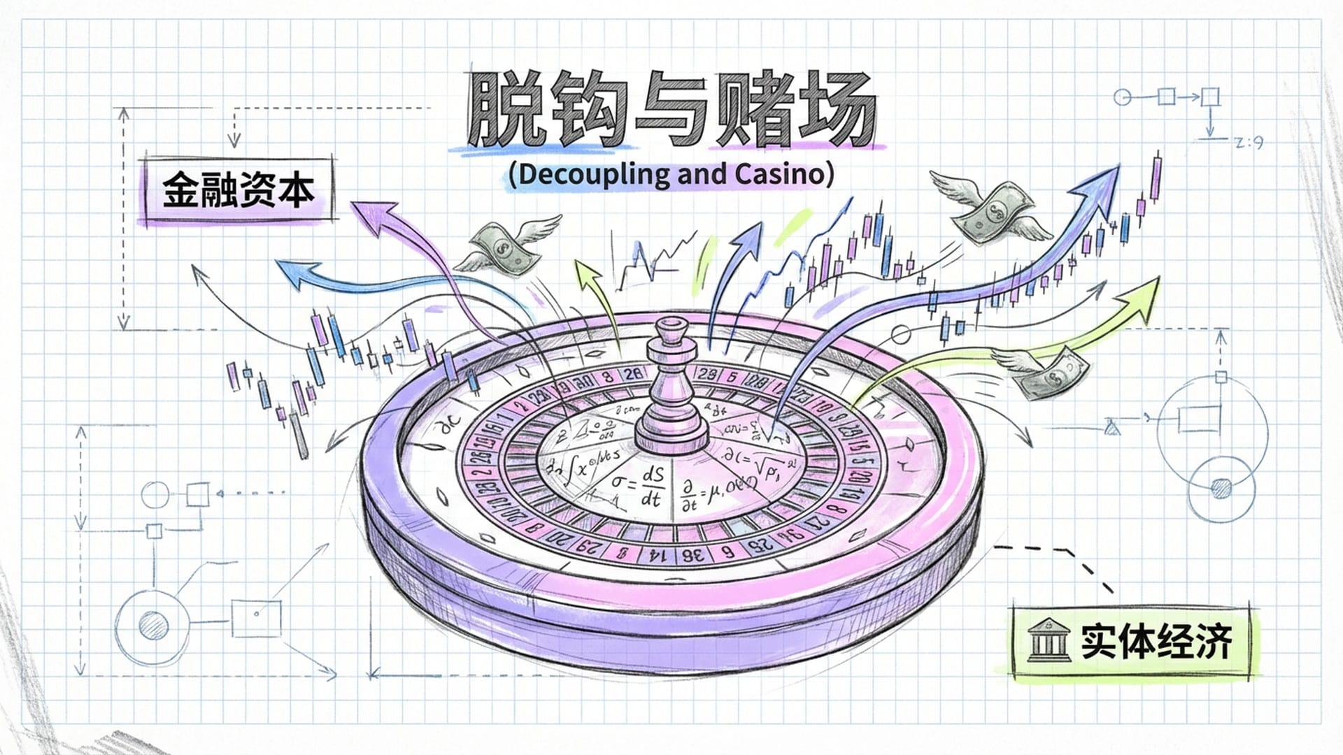 赌场的轮盘赌桌,筹码是各种复杂的数学公式和衍生品符号,周围萦绕着蓝粉色的霓虹灯。