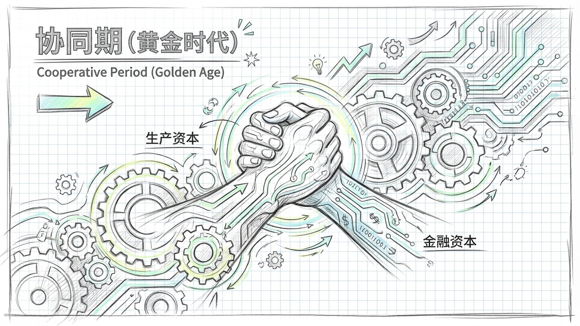 紧握的双手,象征金融资本与生产资本的重新耦合,背景是齿轮与芯片完美咬合的动态效果。