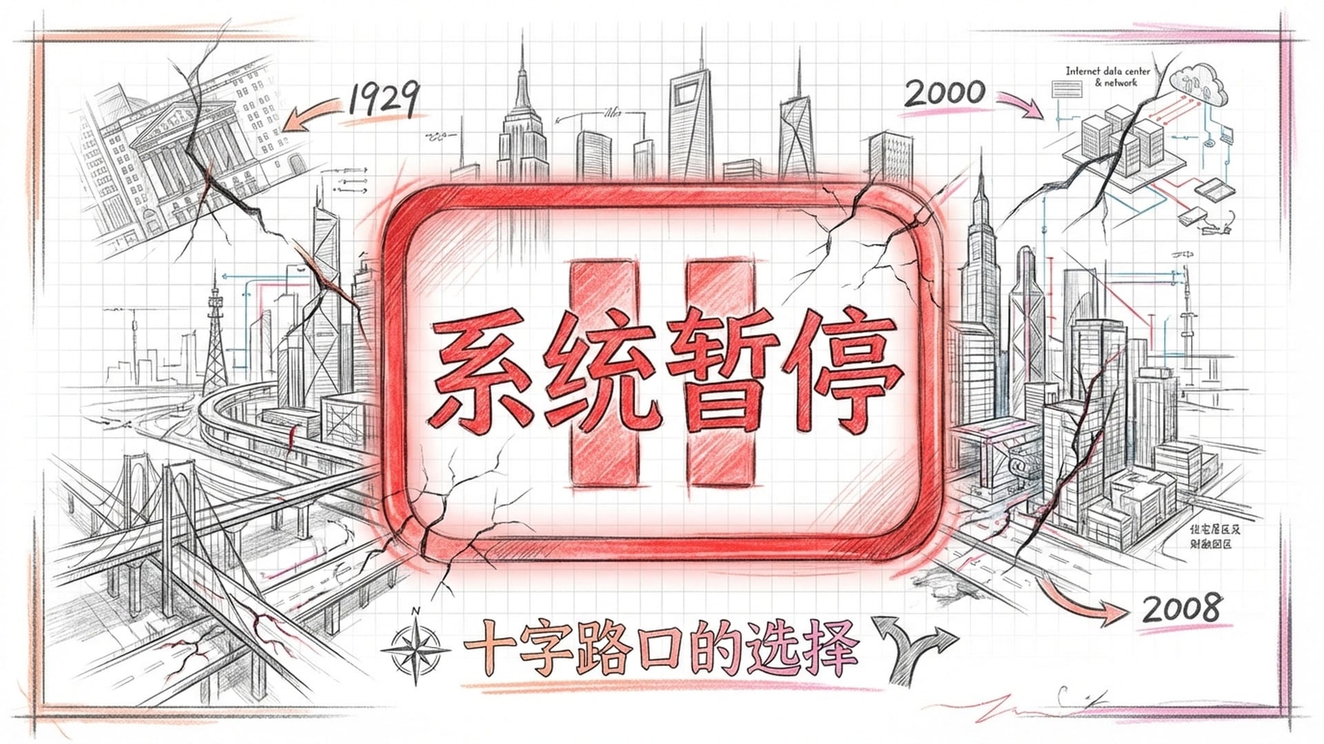 一个巨大的红色暂停键覆盖在繁忙的都市背景上,画面出现裂痕,象征系统性的崩盘与清算。