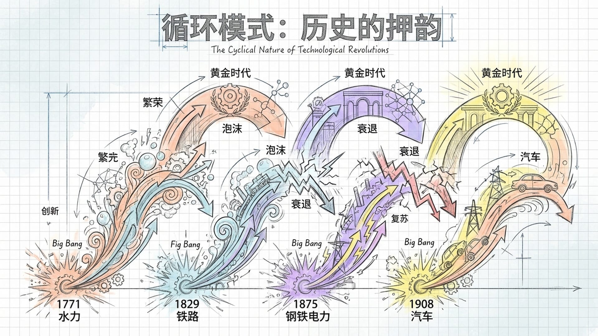 一幅分层的信息图,展示从第一次到第四次浪潮的重复循环模式:爆炸-泡沫-崩盘-黄金时代。