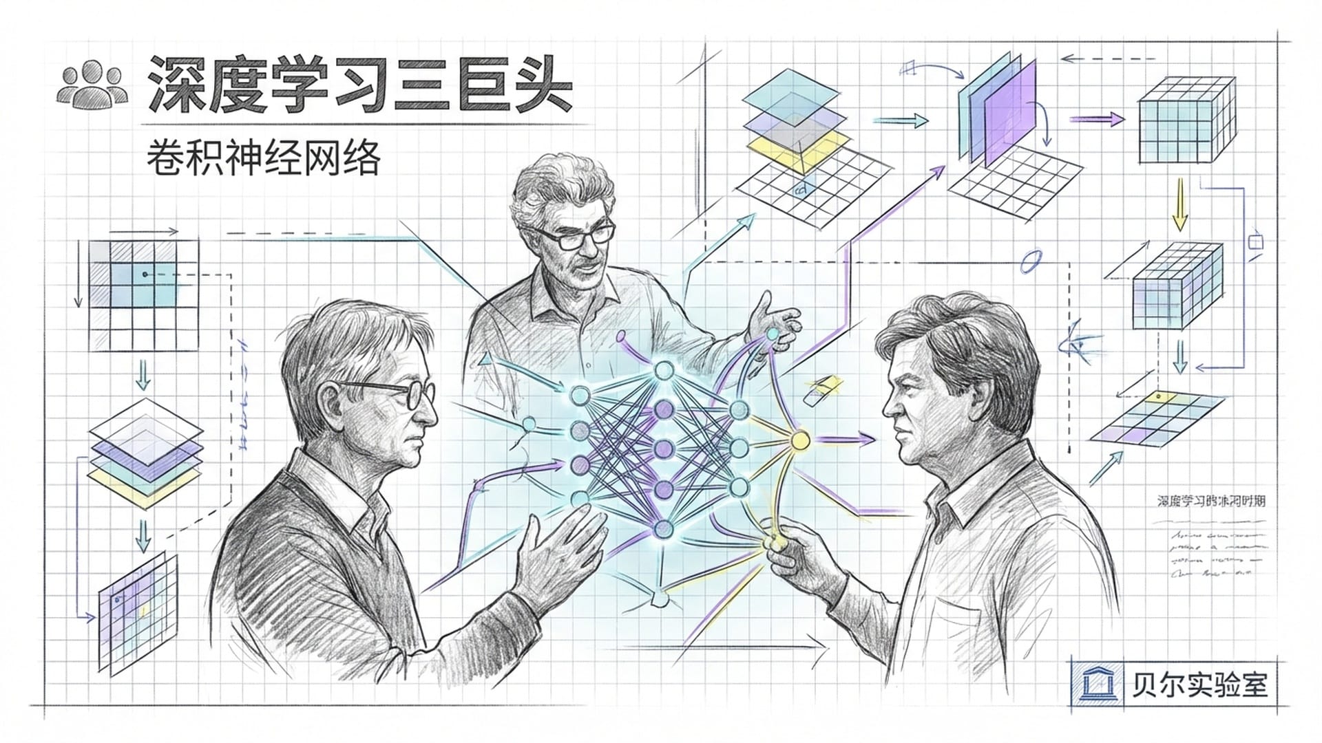 三位科学家的剪影(Hinton, Bengio, LeCun)在黑暗的背景中围着一个发光的神经网络模型,背景装饰有卷积核运算的图形数学。