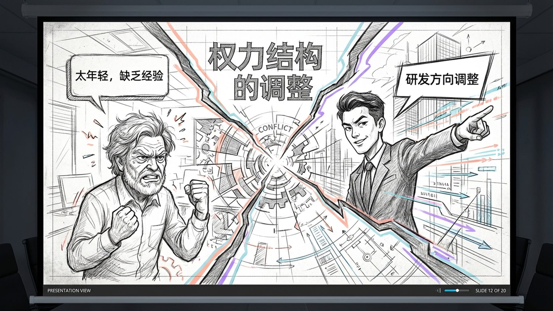 年龄极大的AI泰斗面对一个极其年轻的管理者,背后是象征权力冲突的裂痕,公司办公区域充满了不确定的灰调。