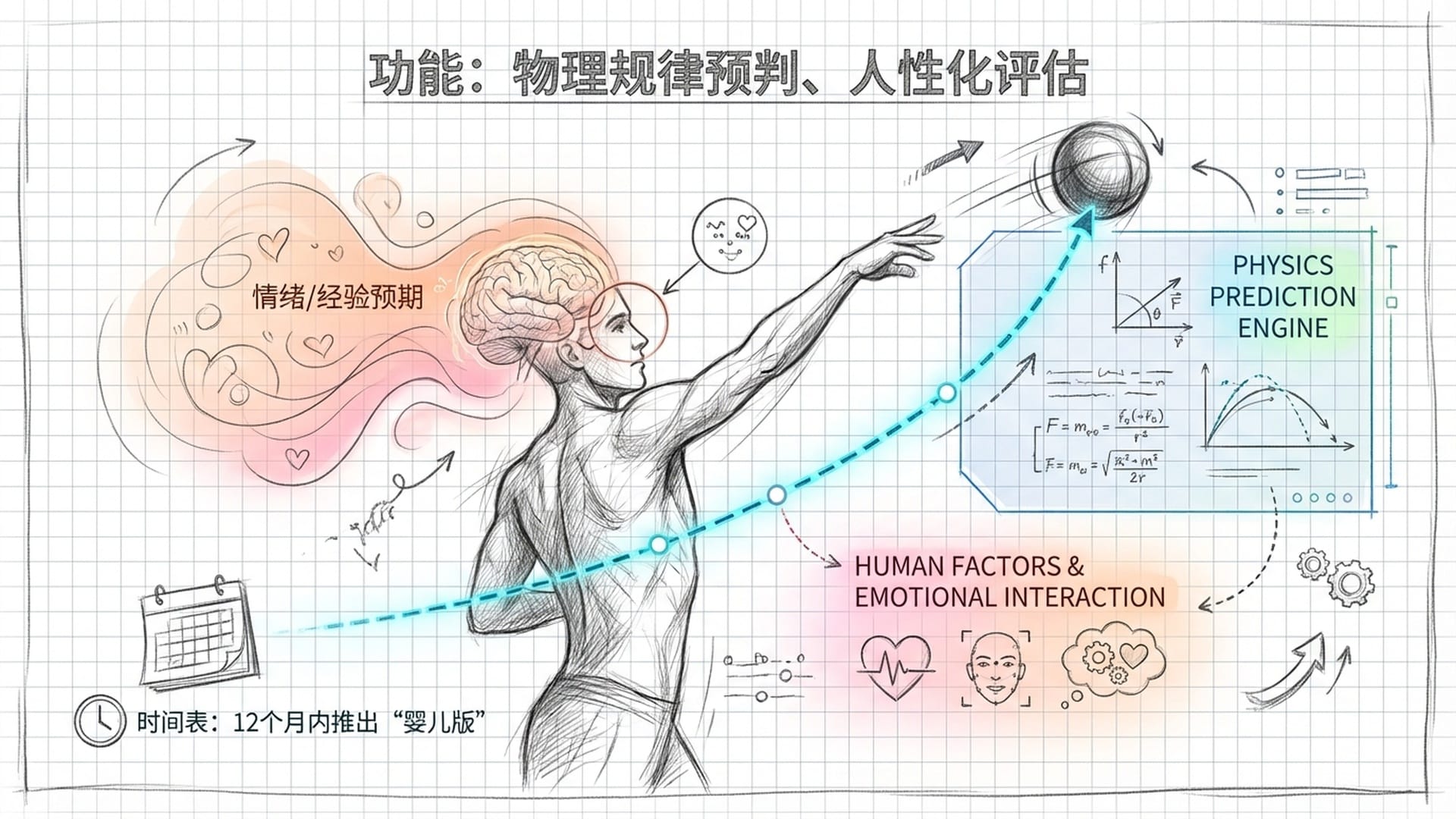 AI观察到一个人扔球的动作,预测路径以发光的虚线延伸。同时展示出代表“情绪/经验预期”的温润色阶背景。
