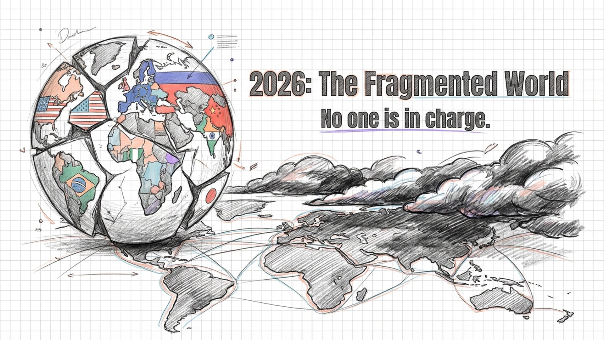 Cinematic movie poster of a fragmented globe