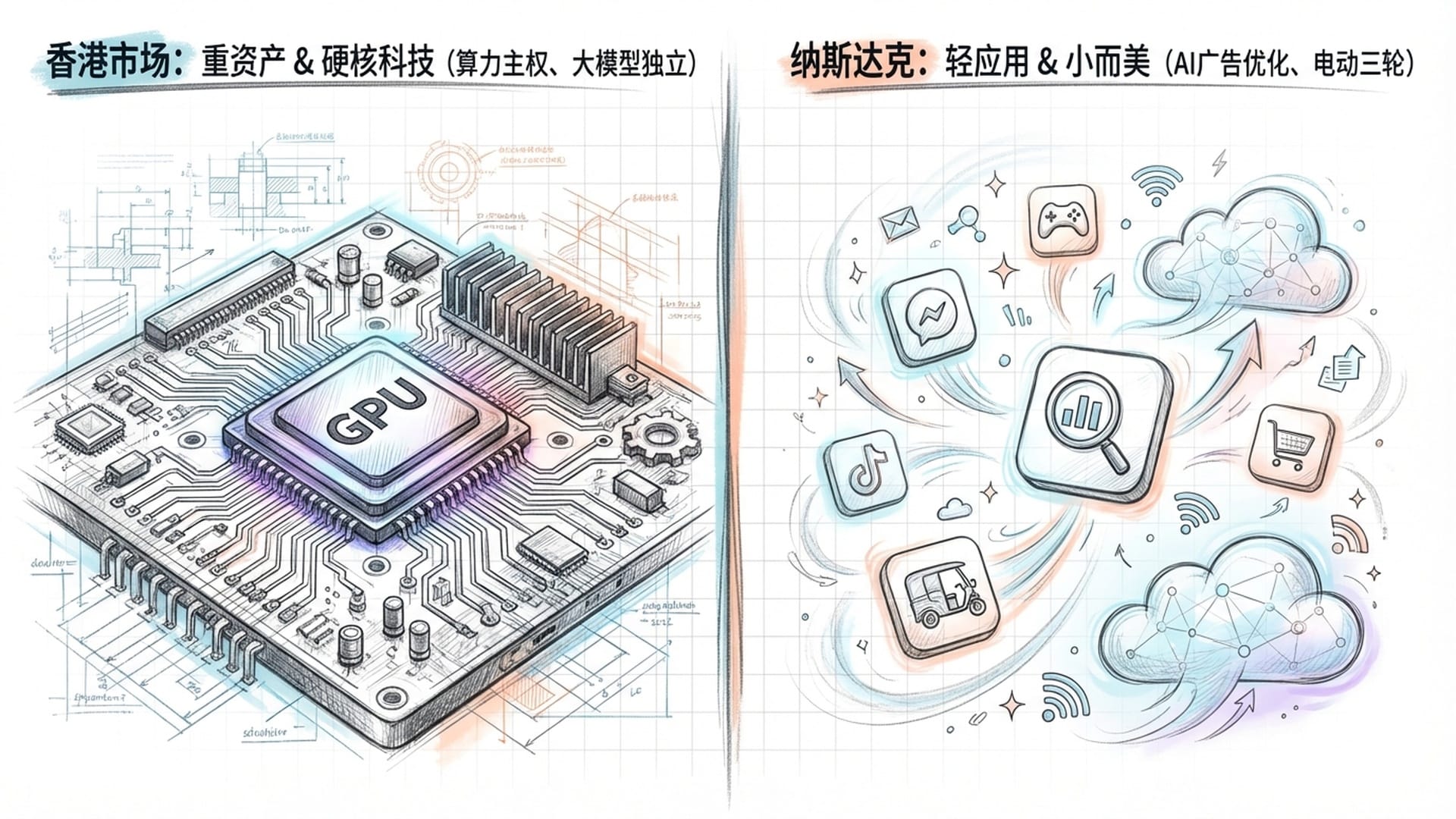 双重世界概念图,左侧为巨大的工业集成电路和发光的GPU芯片(重力感),右侧为轻盈的手机APP图标和云端气泡(漂浮感)。