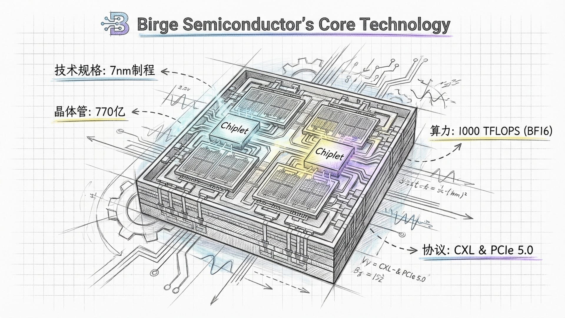 芯片内部微观结构示意图,展示770亿个晶体管的密集排列,Chiplet封装技术节点发光。