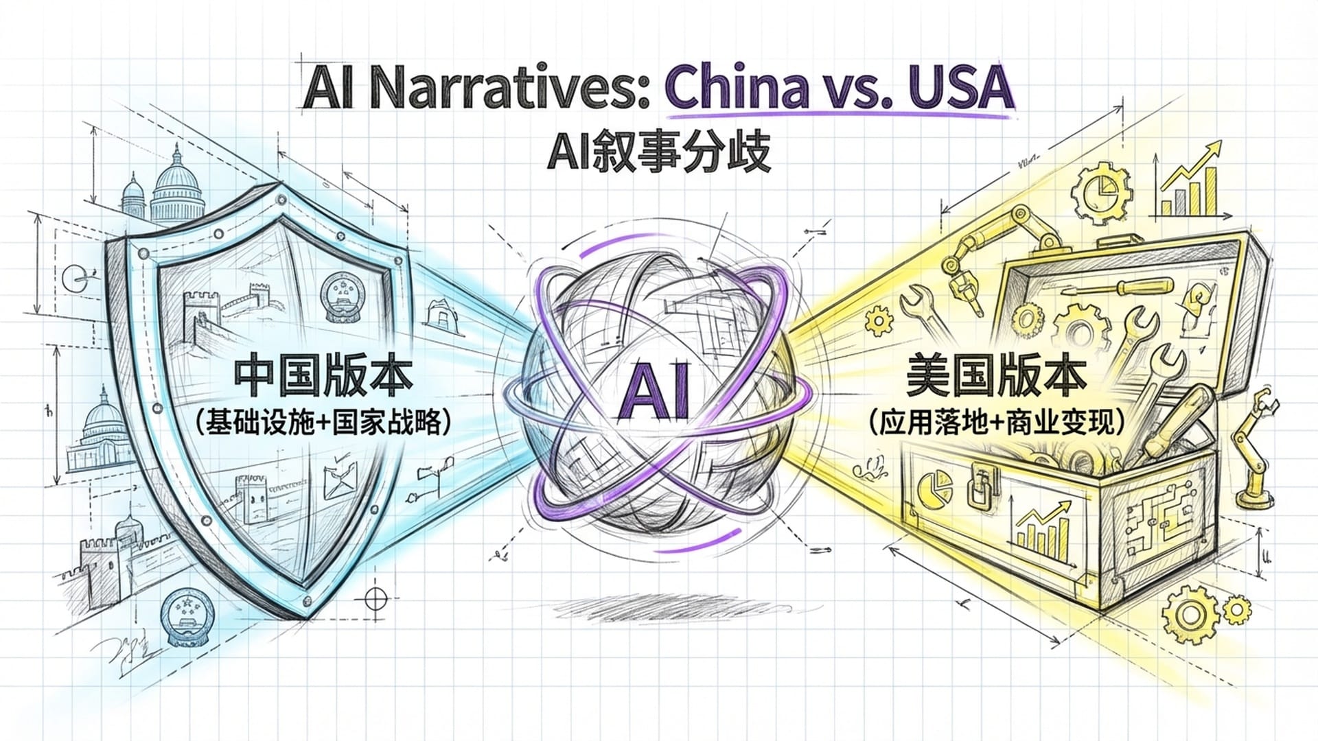 人工智能核心向两侧发射不同颜色的光束,左侧光束形成盾牌结构,右侧光束形成工具箱结构。