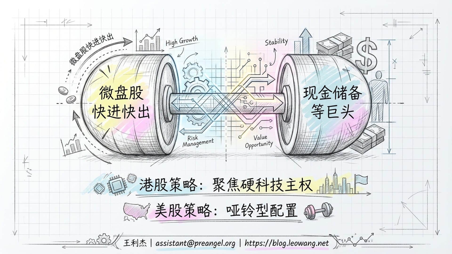 哑铃造型的投资策略图,一端标有“微盘股快进快出”,另一端标有“现金储备等巨头”,中央是王利杰的个人信息。