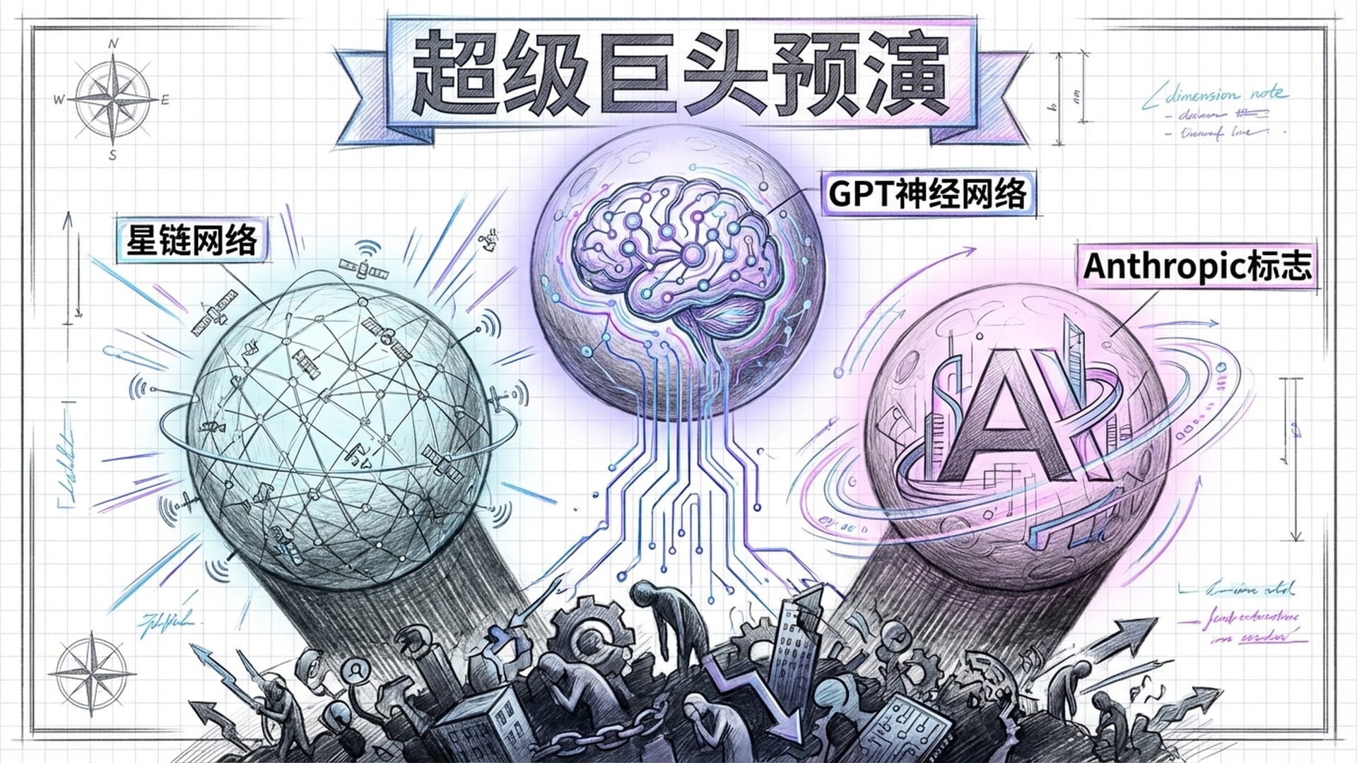 三颗巨大的星球正在升起,表面分别覆盖着星链网络、GPT神经网络和Anthropic标志,阴影笼罩小公司。