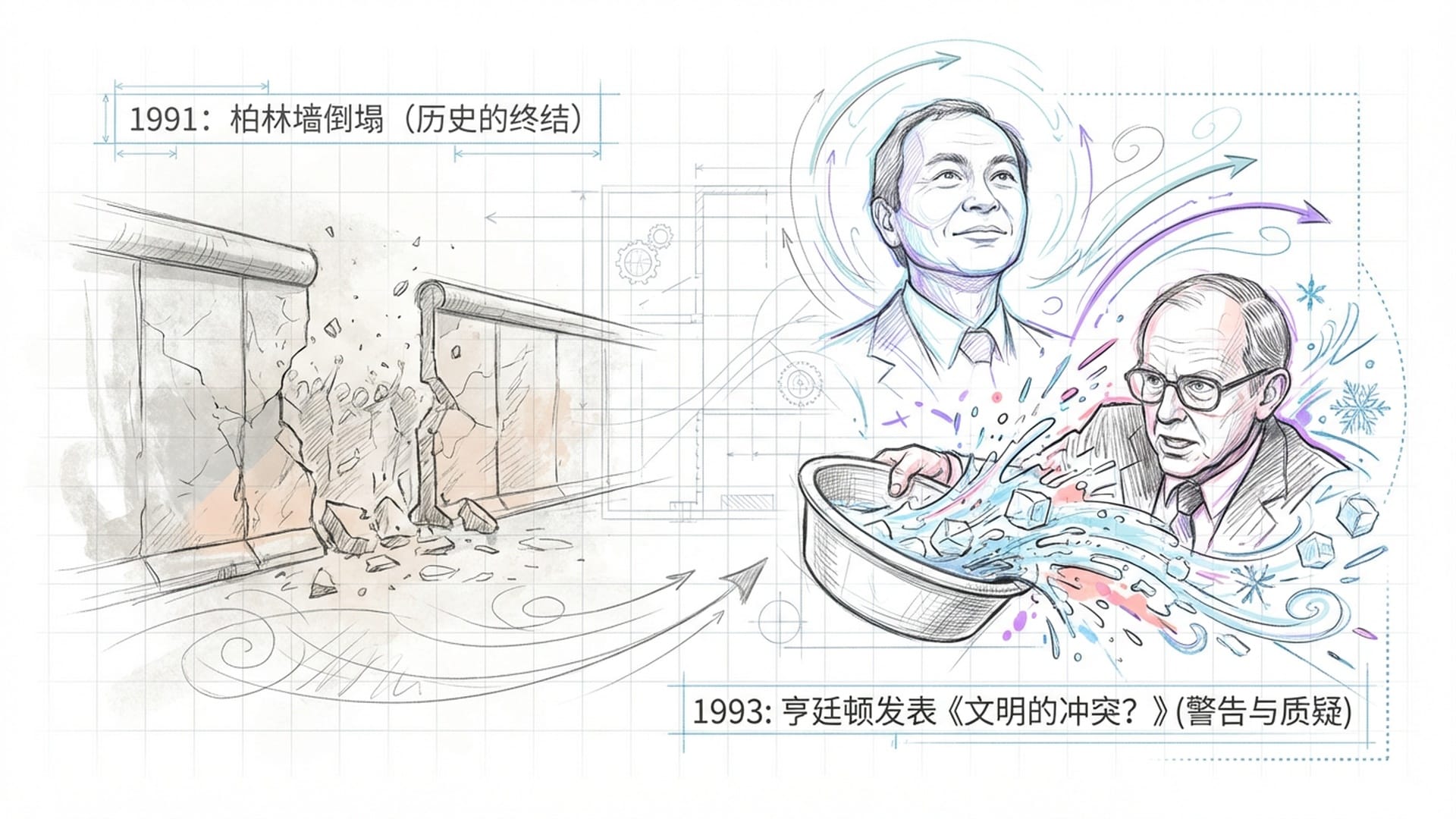 上世纪90年代柏林墙倒塌的历史画面，黑白与彩色过渡，福山和亨廷顿的肖像呈对立。亨廷顿正在泼出一盆冰水的视觉意象。