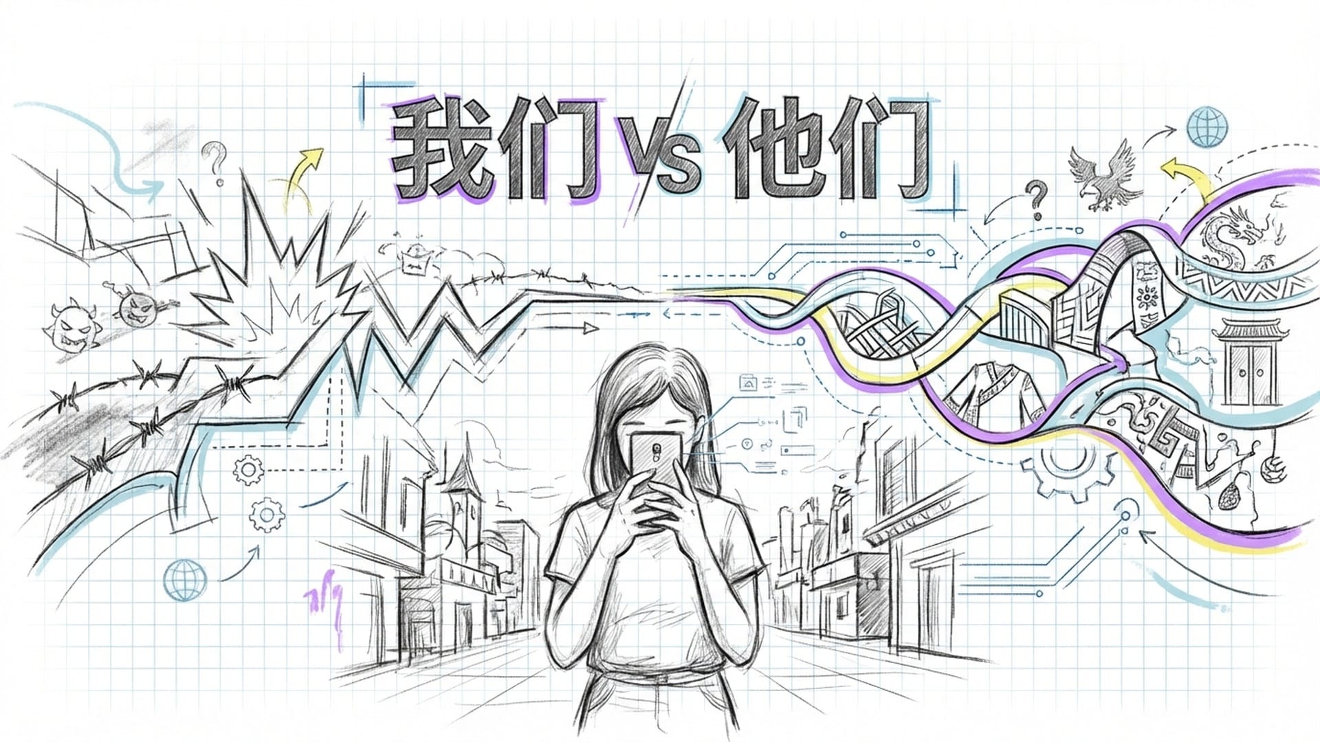 人群在数字屏幕前保持警惕，虽然身处全球化城镇软件，但目光中透着对异文化的疏离。9/11事件后的心理防线构建。