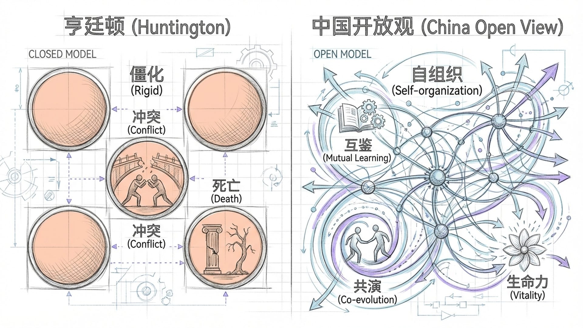 对比鲜明的两种拓扑结构。一个是无数孤立的封闭圆圈（亨廷顿）；另一个是像港口般四通八达、互相连接的神经网络（中国开放观）。