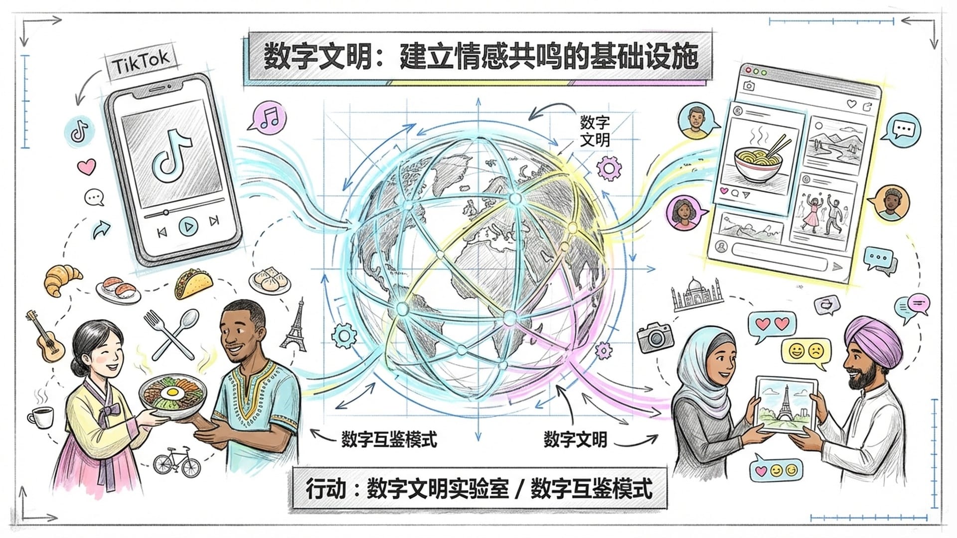 发光的数字化全球网络，TikTok界面在空中漂浮，不同肤色的博主在交流美食与生活。技术消解了人为的文明壁垒。