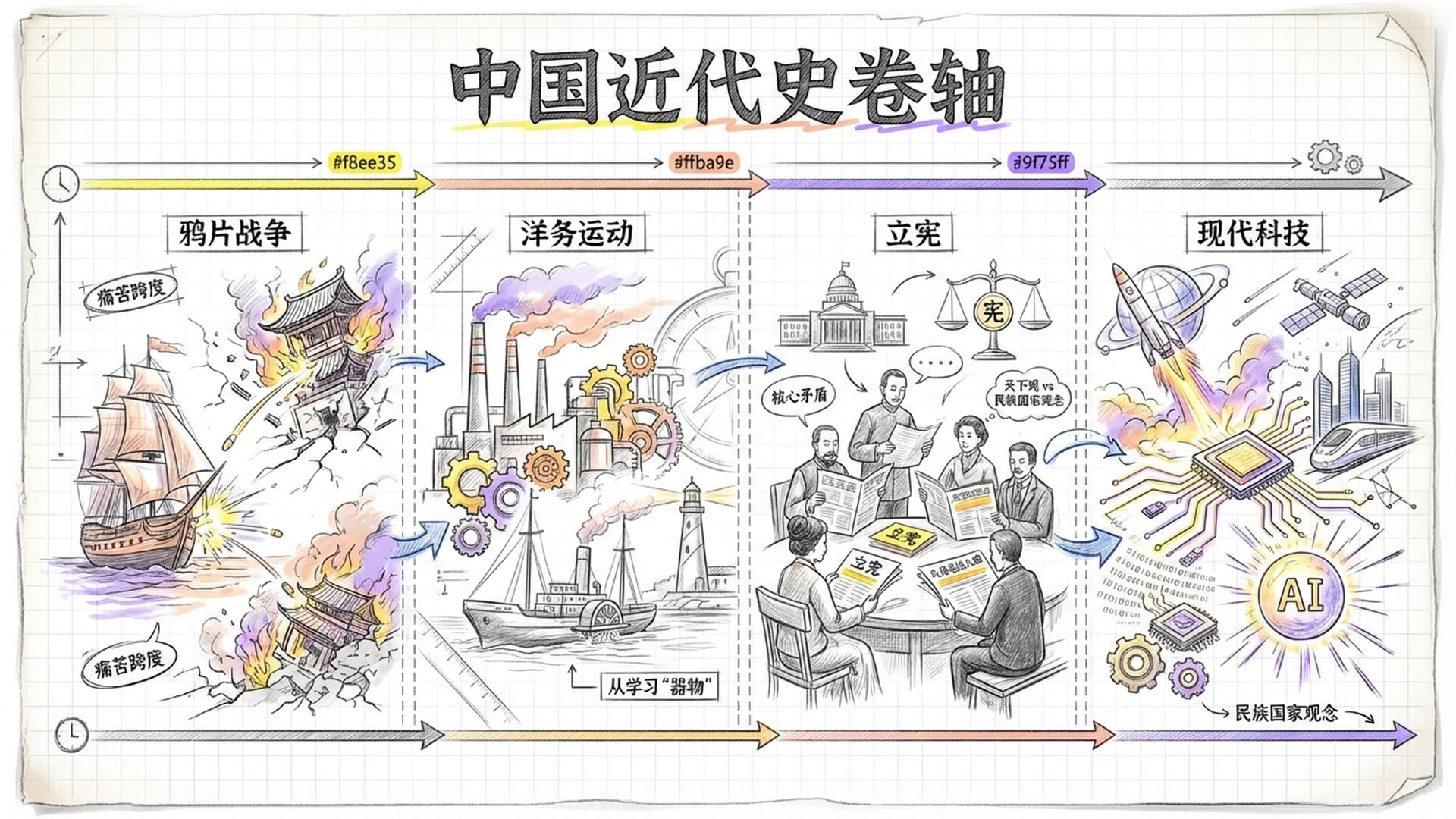 中国近代史卷轴：从鸦片战争的炮火到洋务运动的工厂，从立宪共和的报纸到现代科技的崛起。一个文明的痛苦反思与重生。