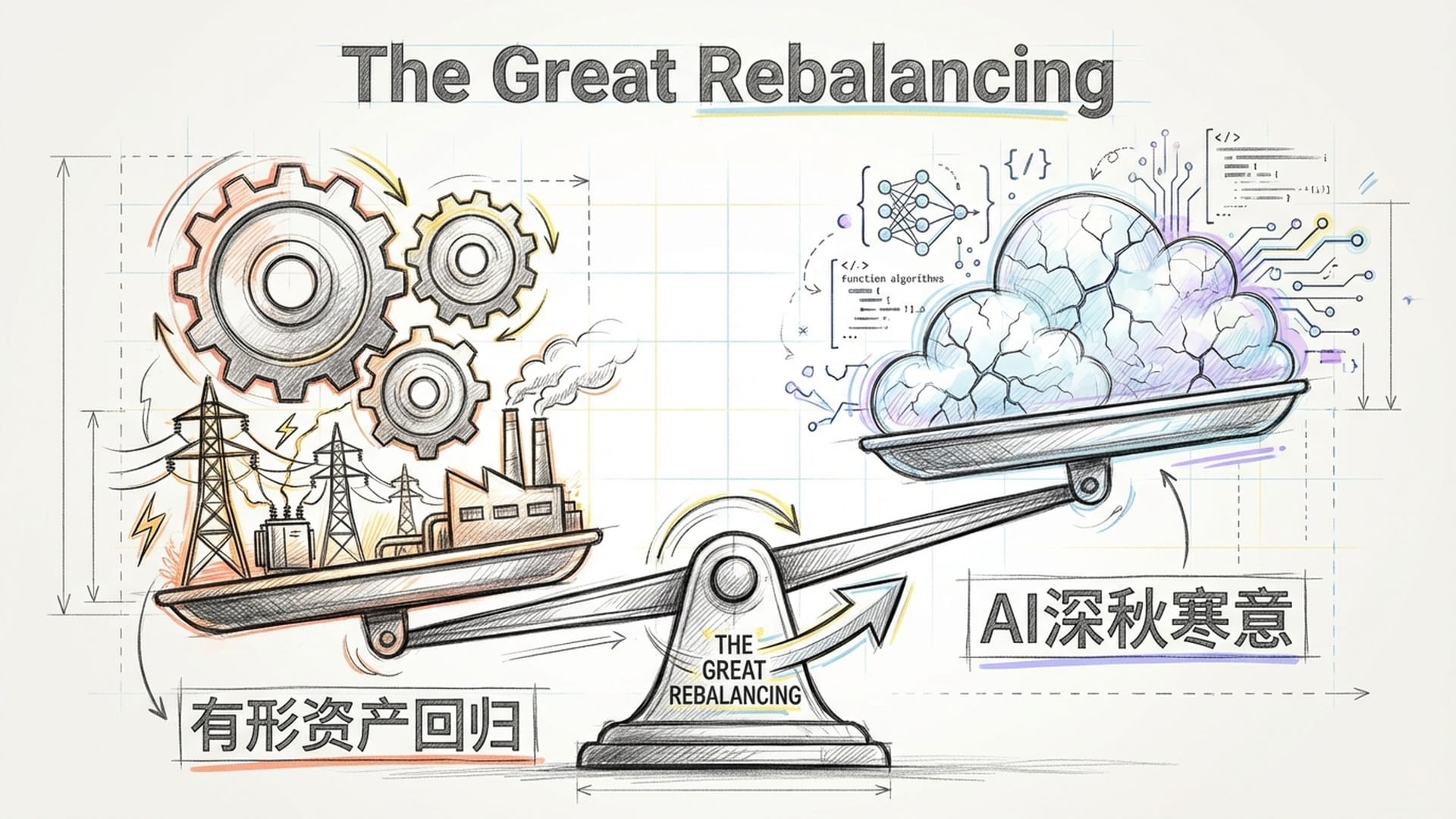 对比天平，左侧是沉重的工业齿轮和电网（欧洲），右侧是飘动但带有裂纹的云朵和AI代码（美国）。