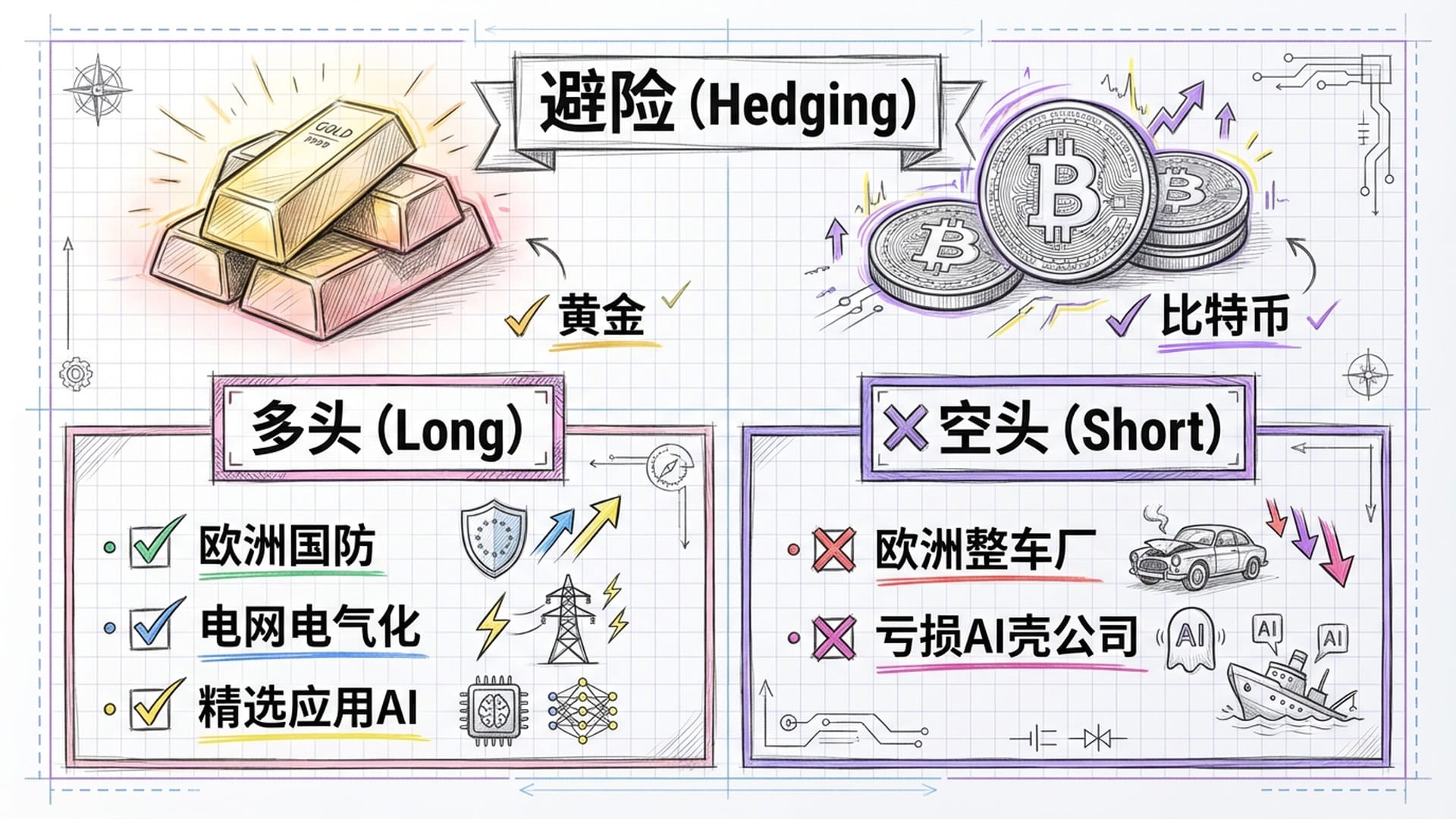 一份详细的投资红黑榜单清单，上方放置着黄金条和比特币物理币。