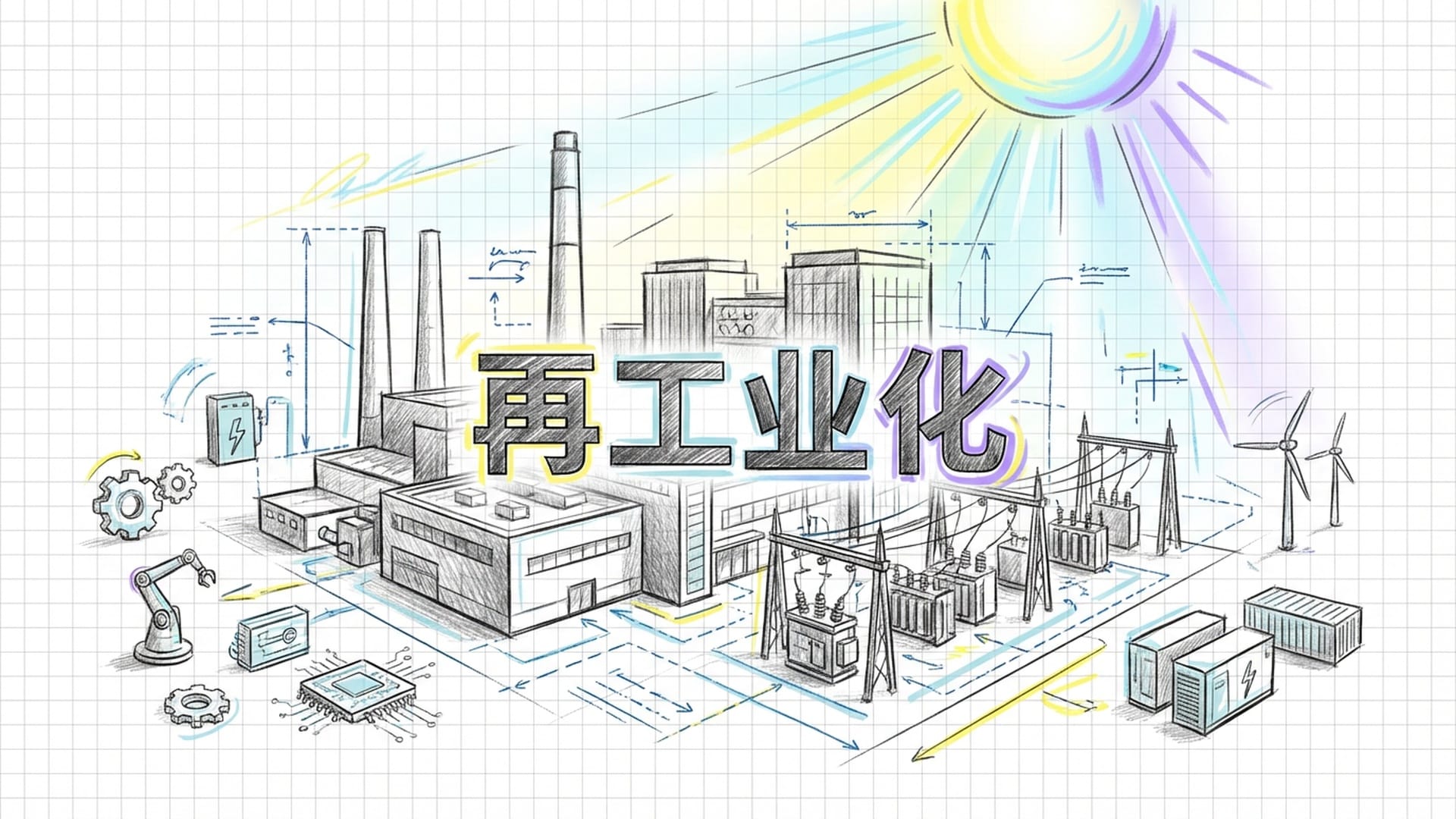 西门子、施耐德电气的巨型工厂和复杂的变电站，阳光照耀，展现再工业化活力。