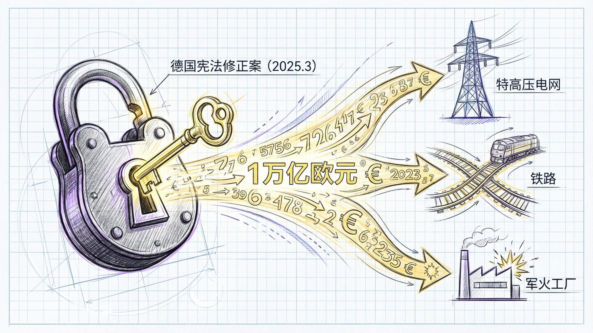 德国债务刹车机制的铁锁被一把金色钥匙打开，背后喷涌出万亿欧元的数字流。