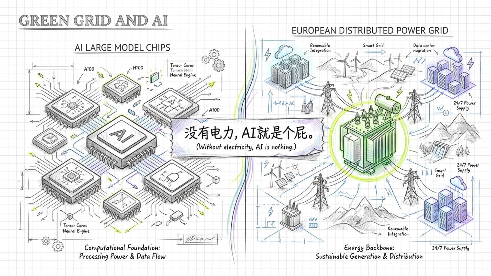 巨大的变压器和发光的绿色电网，连接着远处的数据中心集群。