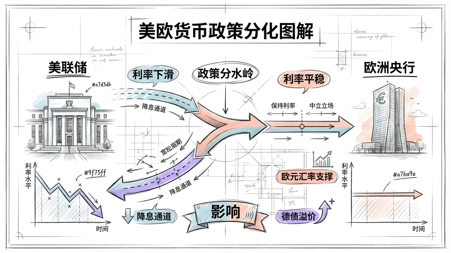美联储大楼与欧洲央行大楼分别在不同的方向，中间是分叉的道路，美联储利率线下滑，欧洲利率线平稳。