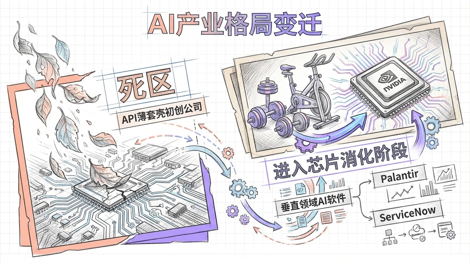 枯萎的叶子落在电路板上，英伟达芯片在堆在一起的健身器材旁。 