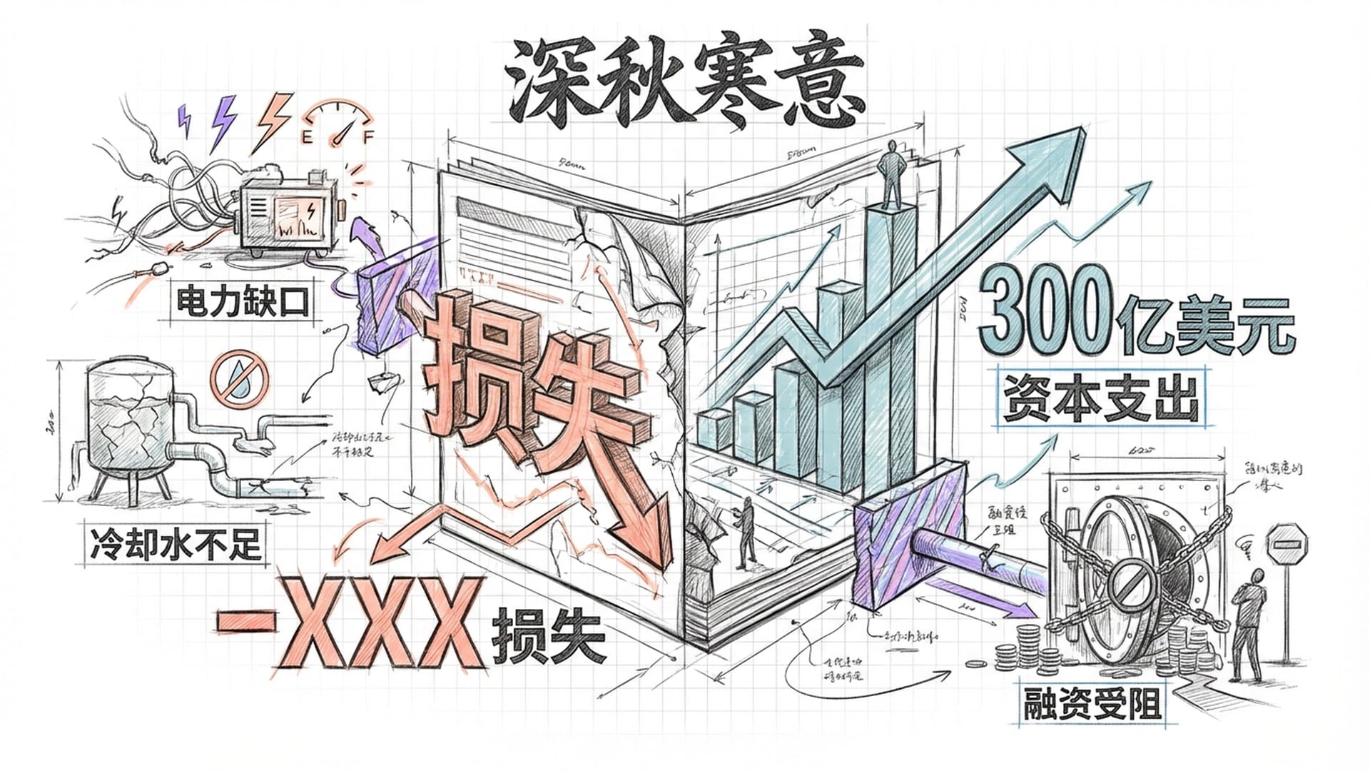 华尔街巨头的巨大财务报表，红色亏损数字与蓝色的资本支出（CapEx）对比。