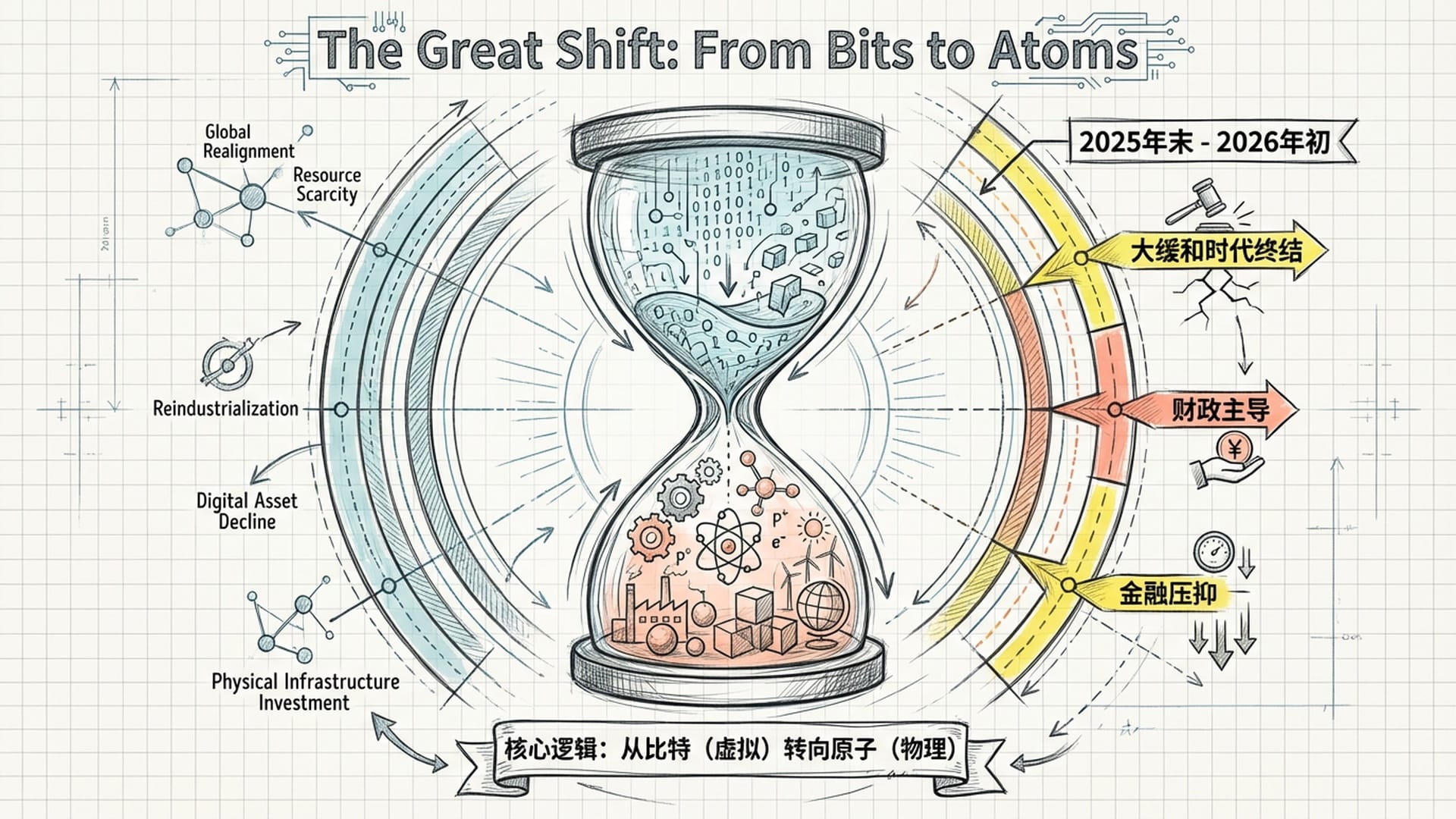 复古沙漏：从“比特”代码流向“原子”实物，时间轮盘背景