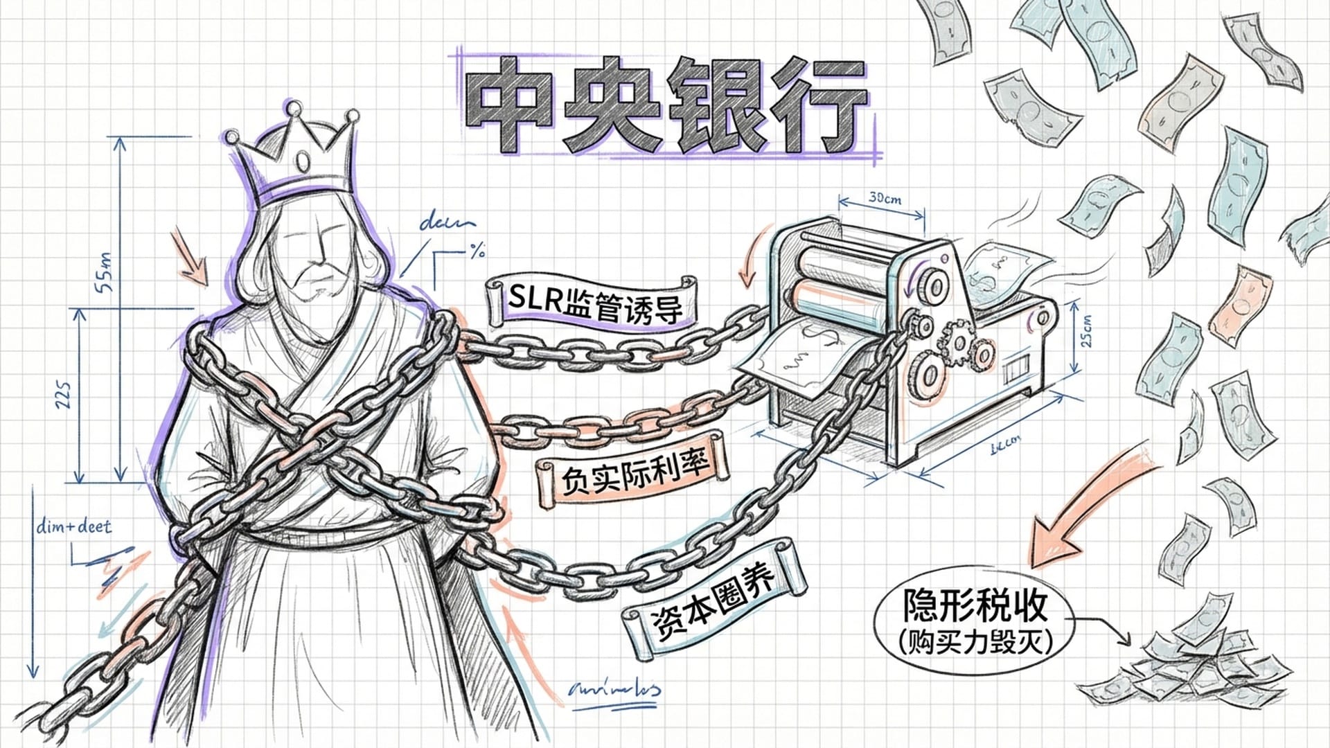 中央银行被财政部的金锁链捆绑，背景是不断旋转的印刷机和变薄的纸币