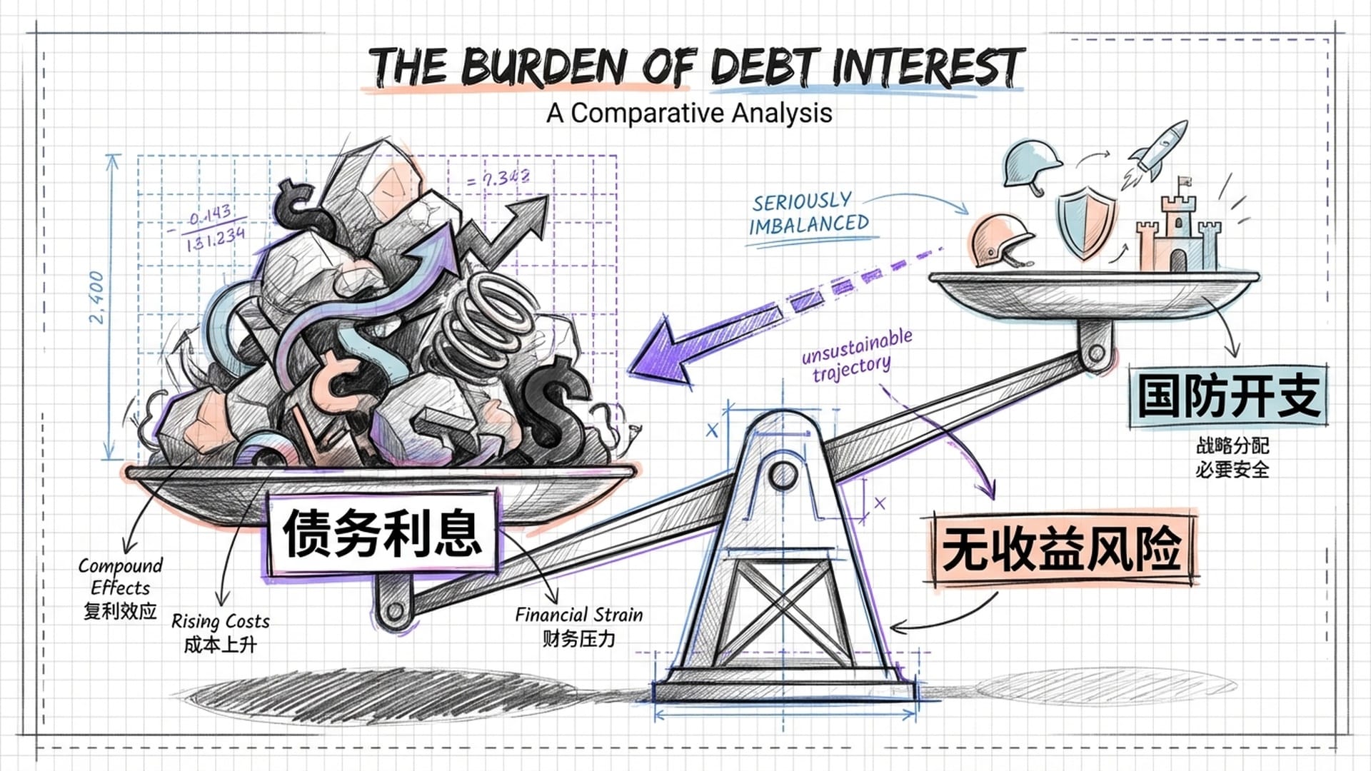巨大天平：左侧堆积如山的“债务利息”比右侧“国防开支”重得多，天平严重失衡