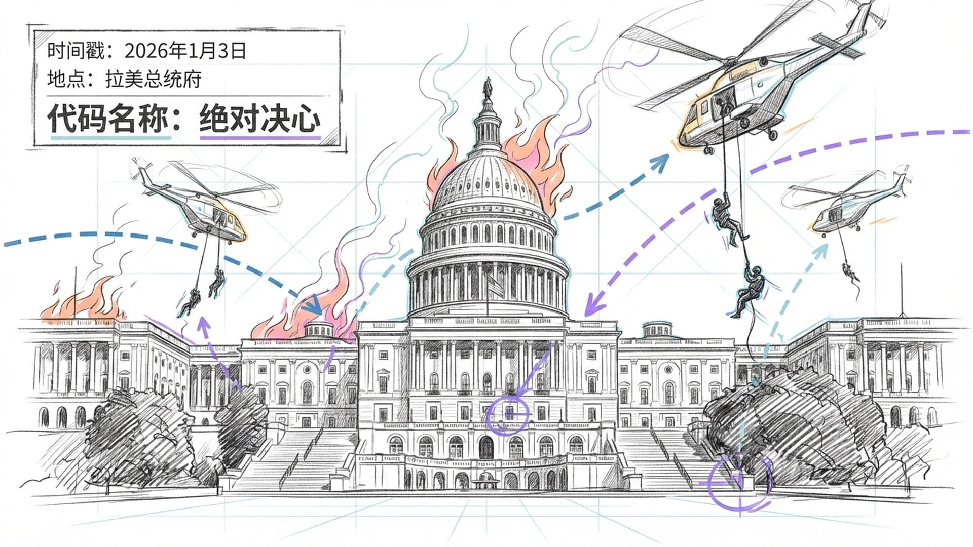 夜幕下的总统府，火光冲天，特种部队快速下降，带有红外滤镜的战术画面，紧张的电影感。