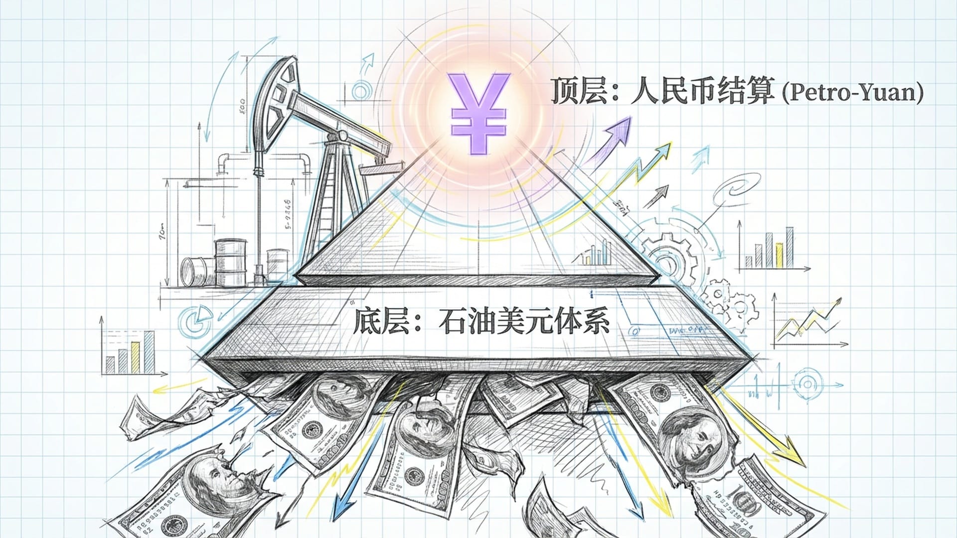 破碎的美元钞票在天空中飘散，背景是石油钻井平台，人民币符号正在发光，象征着货币权力的博弈。