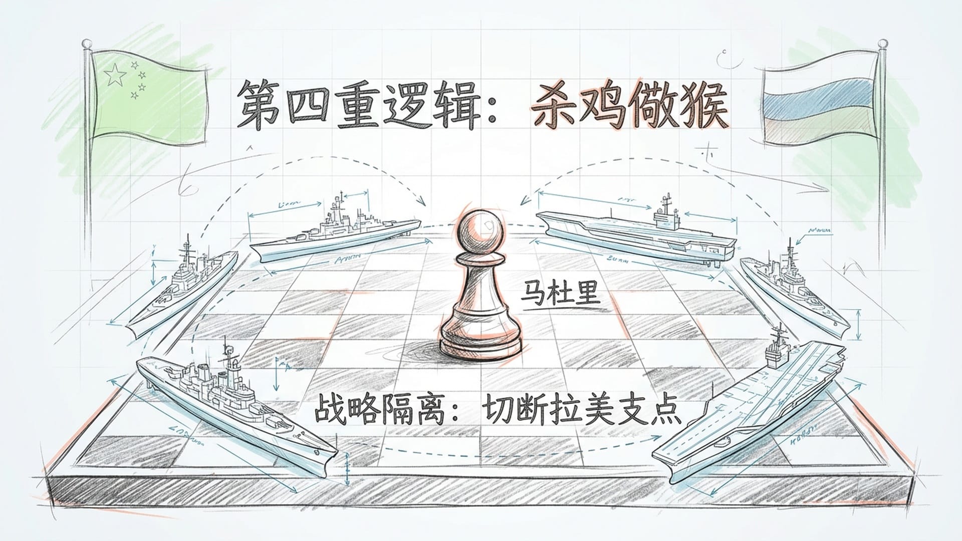巨大的棋盘，马杜罗是中间被围困的卒子，周围是美军战舰，中国和俄罗斯的旗帜在远端作为背景。