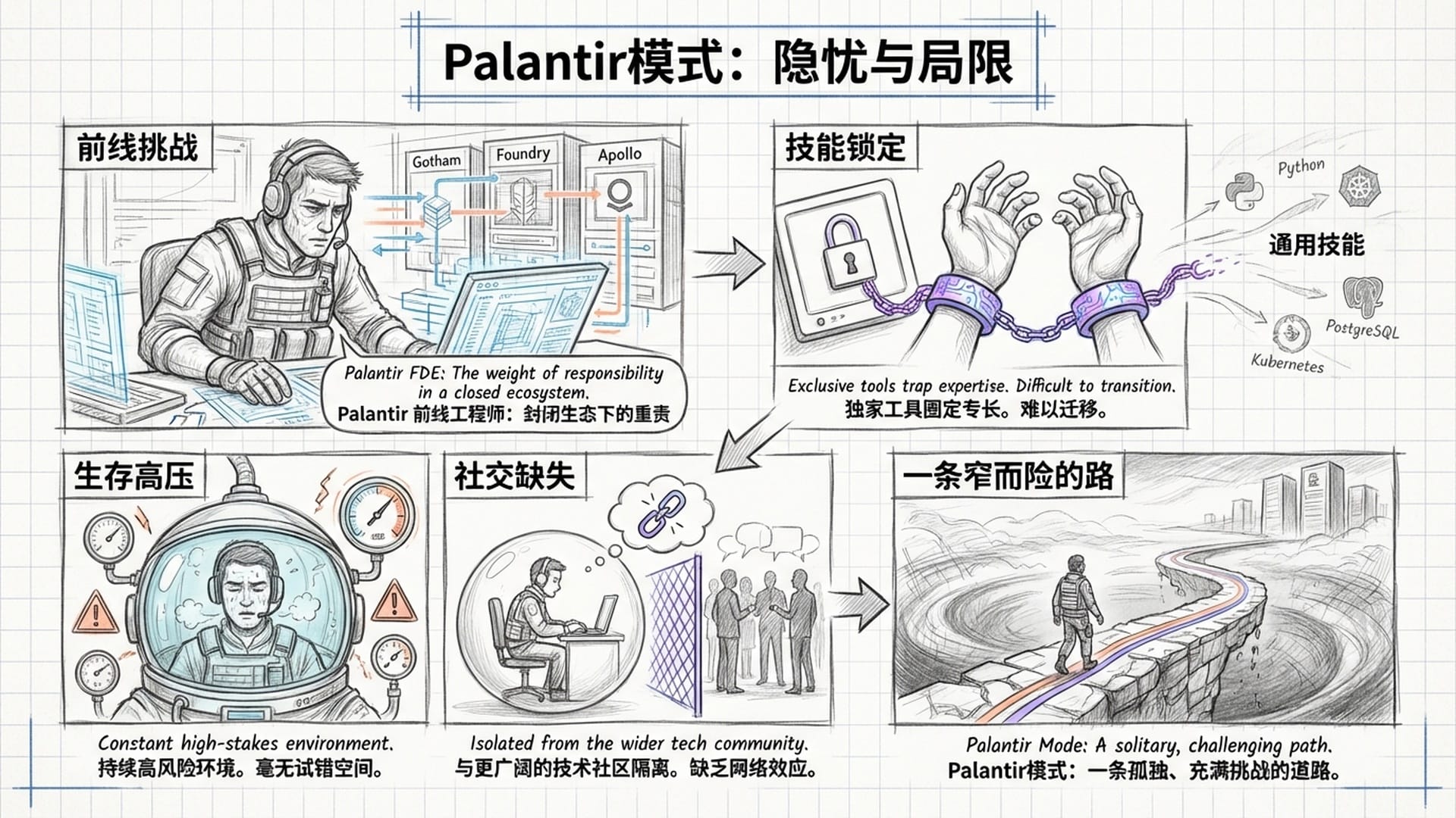 一名在战区或严苛环境下的前线工程师（FDE），背后是Palantir的封闭技术栈。