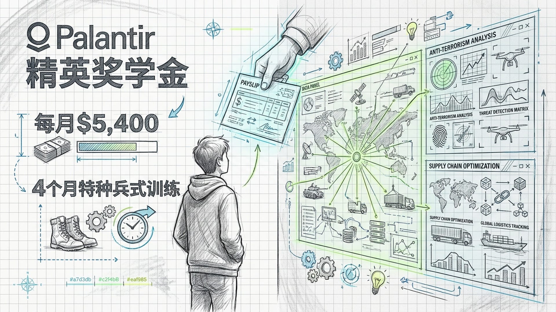 一名年轻的高中生穿着连帽衫，背对镜头，面对着浮现的数字工资单和复杂的实战数据面板。