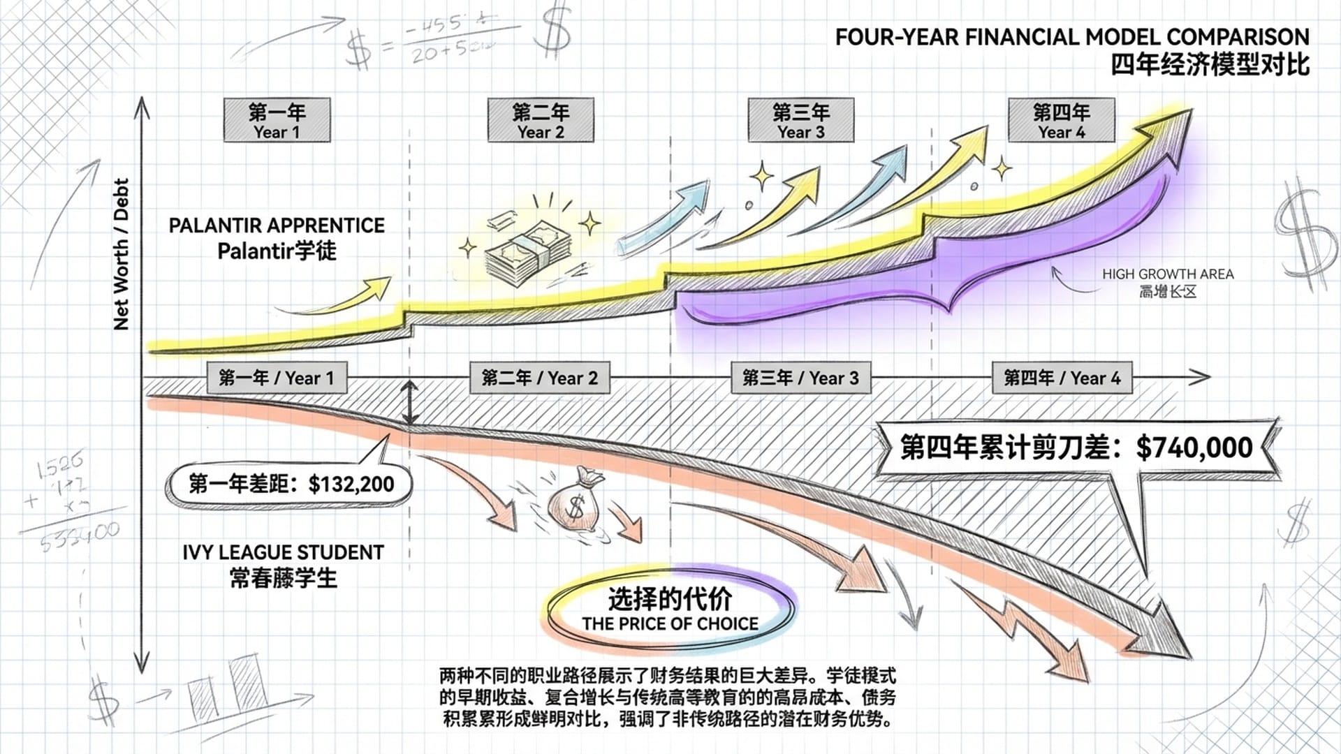 四年周期的财务模型对比图表，阶梯状增长与累积债务的对比。