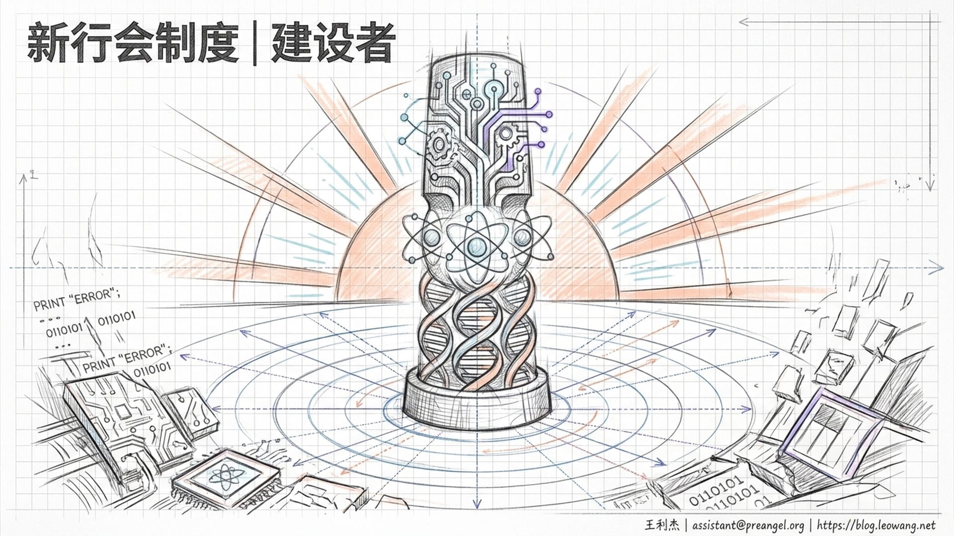 一个由AI、原子和基因编织的新文明图腾，象征新精英体制的诞生。