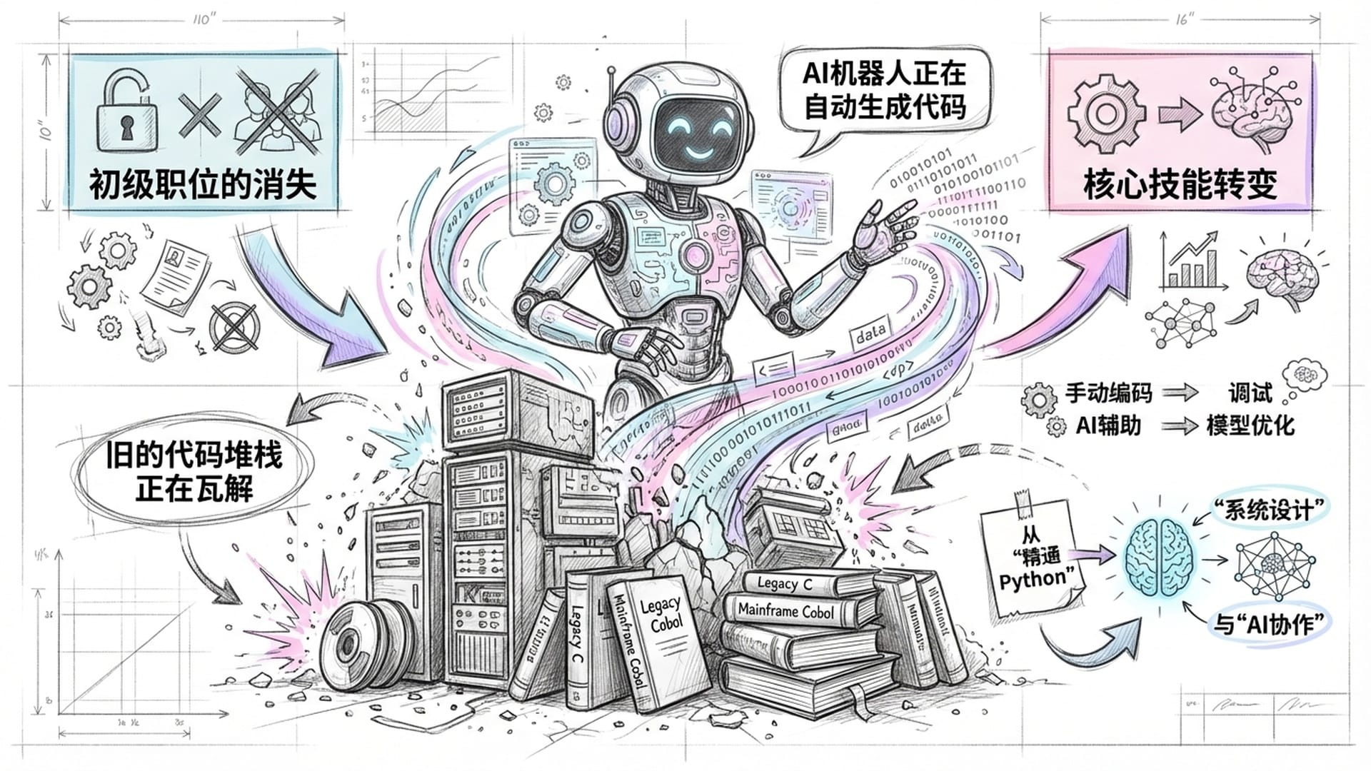 AI机器人（类似Claude/GPT形象）正在自动生成代码，旧的代码堆栈正在瓦解。
