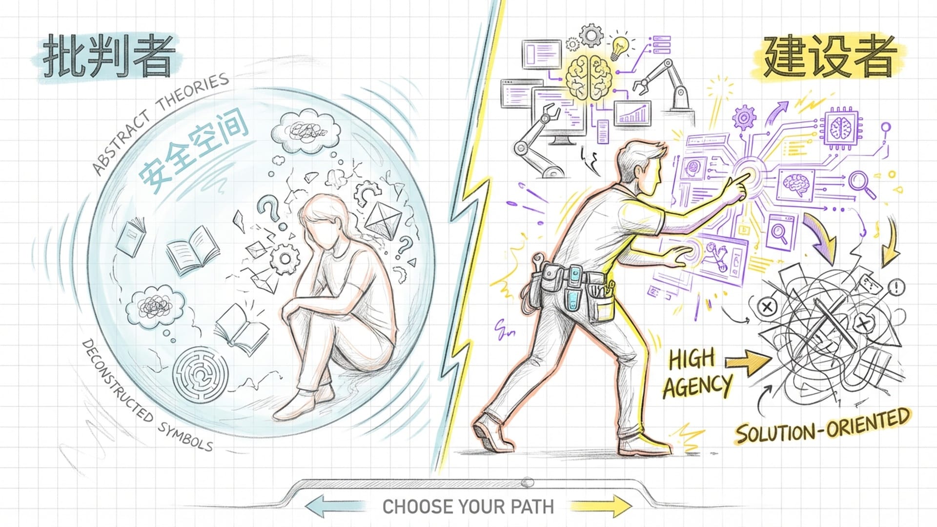“建设者”与“批判者”的人格画像对比，像是一种角色选择界面。