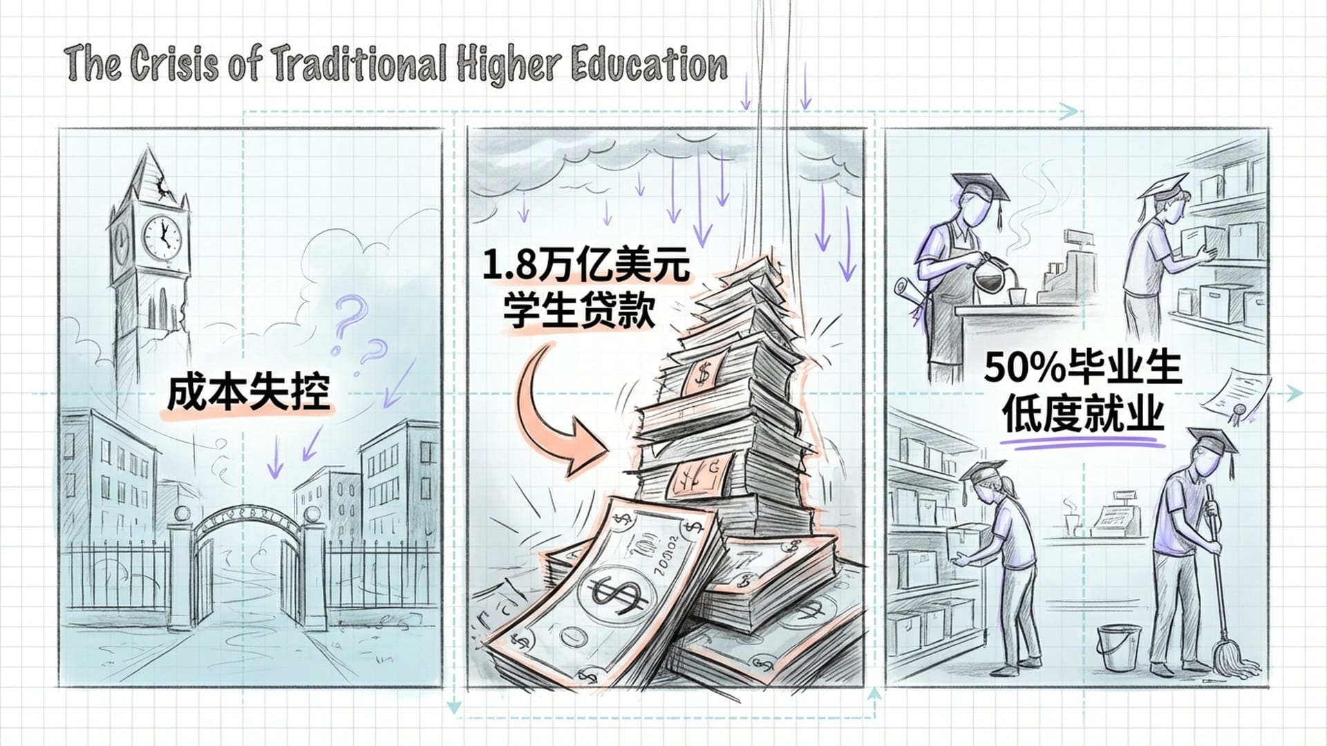 大学校园的凋零感，高耸的学费账单，与毕业生从事低端服务的场景。