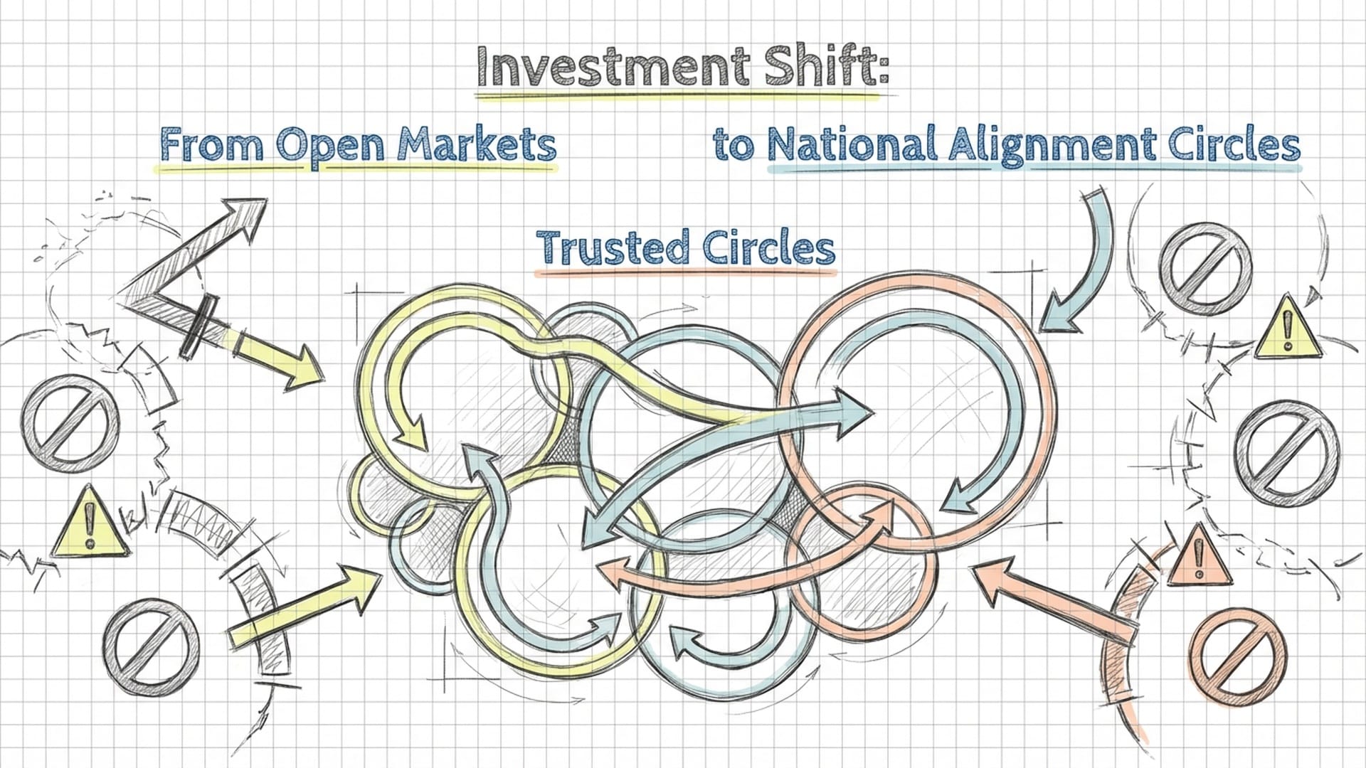 Infographic showing money flowing through 'Trusted Circles' or colored bubbles, avoiding certain zones.