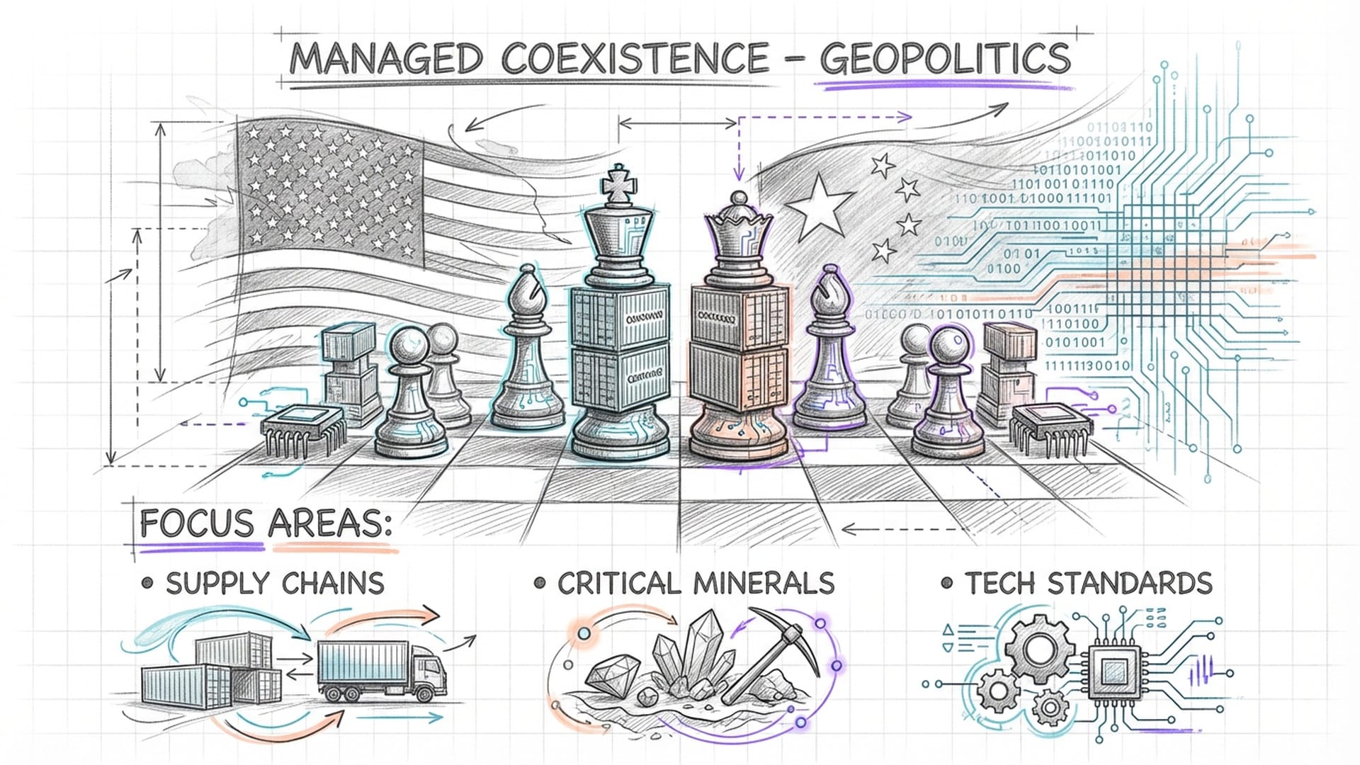 A chess board where the pieces are containers and microchips. Background features the US and Chinese flags fading into digital code. Focus on 'Managed Coexistence'.