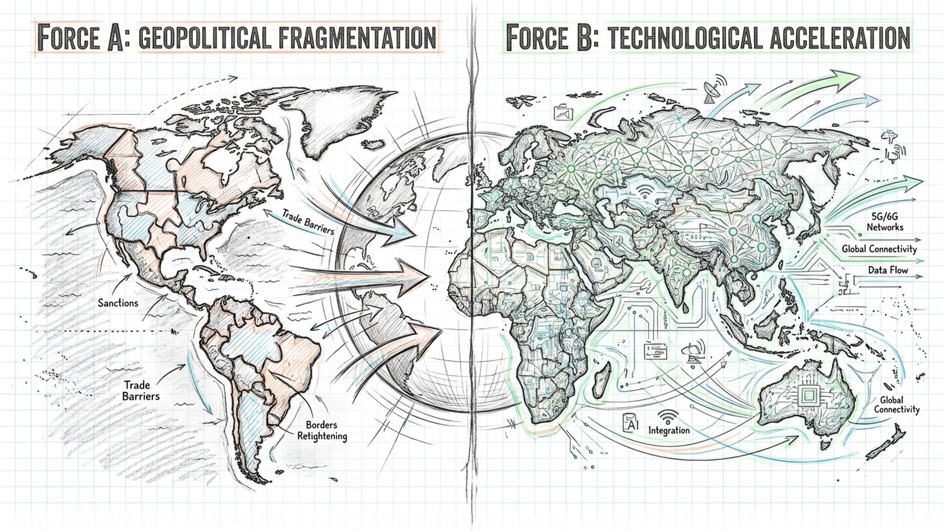 Conceptual illustration showing a world map being pulled in two directions. Left side: fragmented geopolitical puzzle pieces (Dark Gray). Right side: bright digital neural network (Hex #c2f4b8).