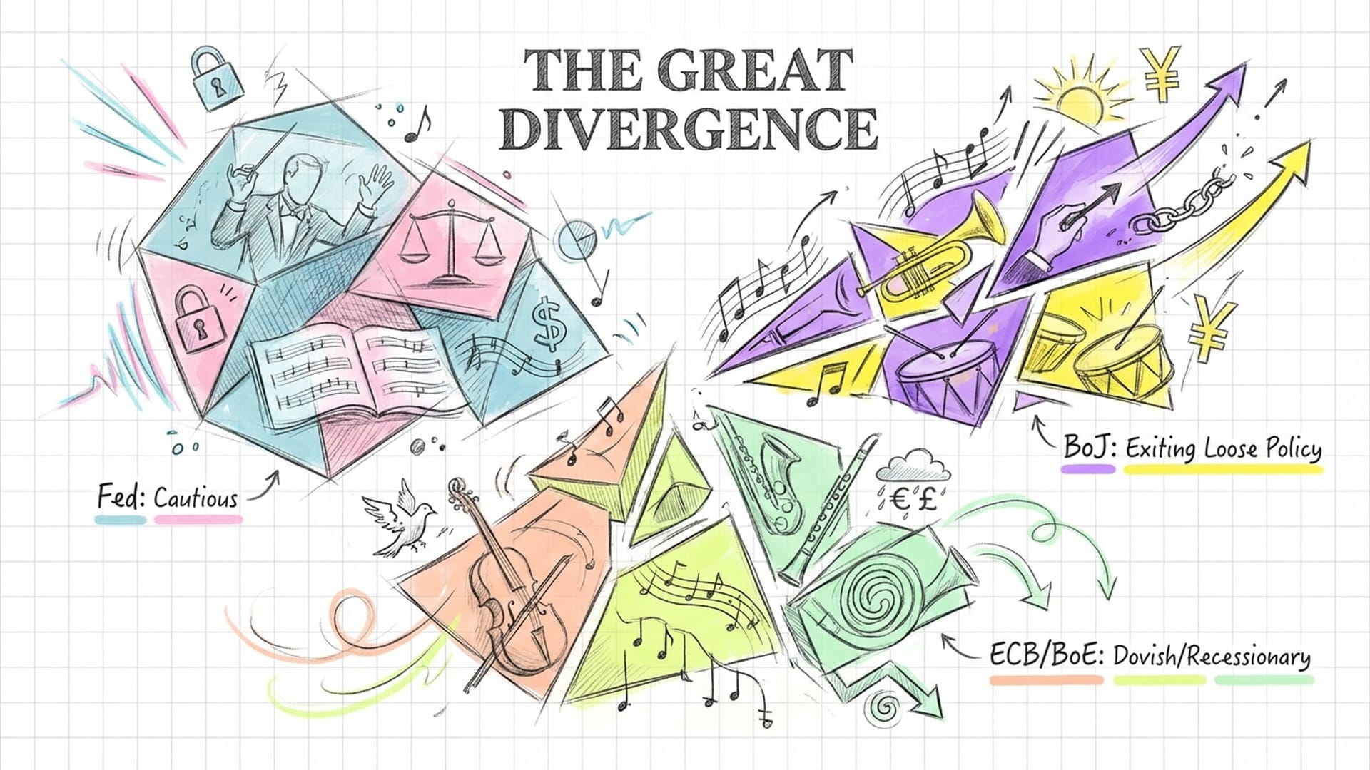 An orchestra where every player has a different colored spotlight and different sheet music.