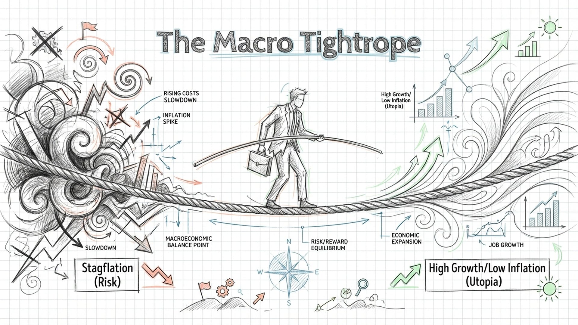 A high-wire acrobat walking between 'Stagflation' and 'AI Boom'.